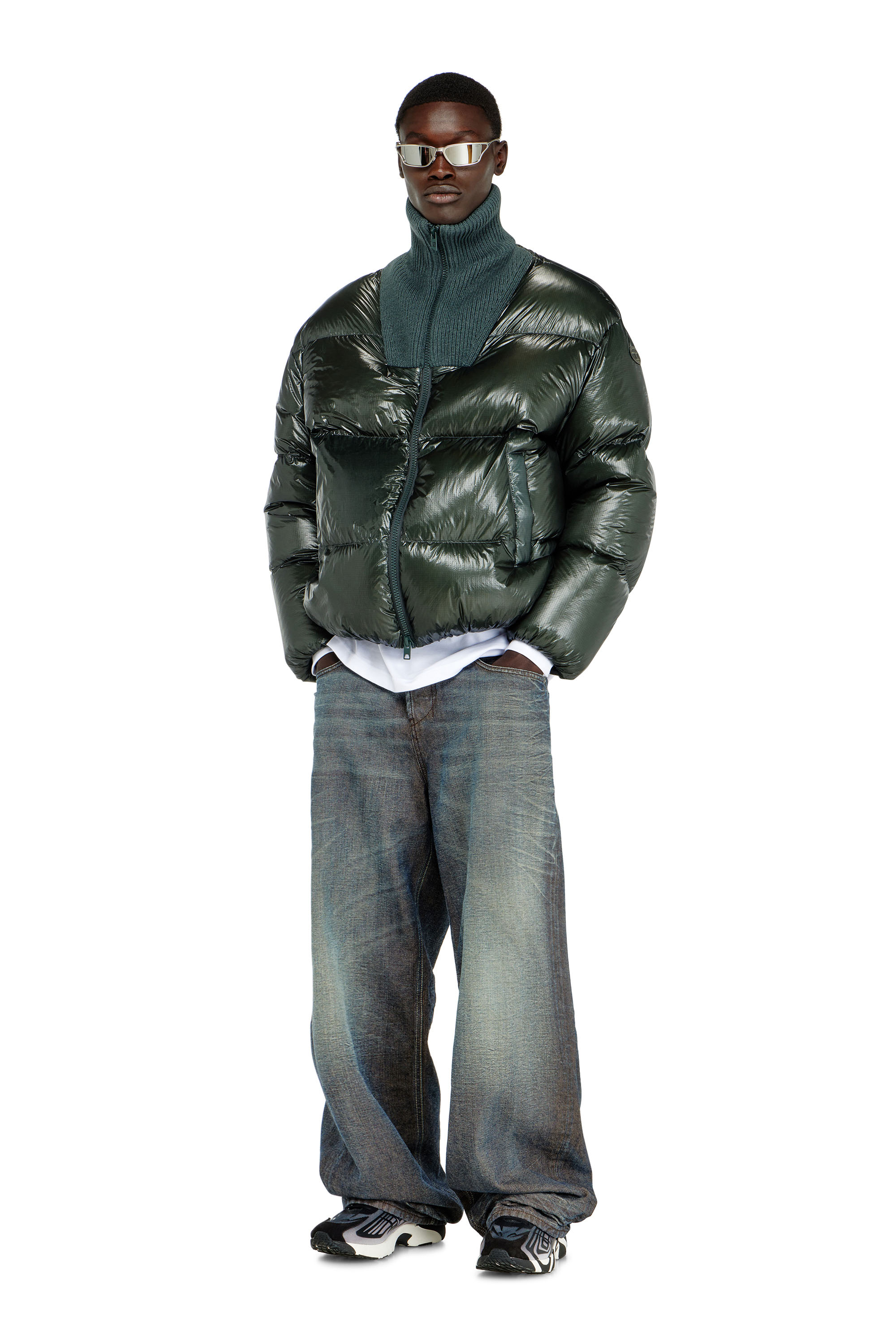Diesel - W-RIBB, Man's Down puffer jacket in ripstop with ribbed collar in Dark Green - 1