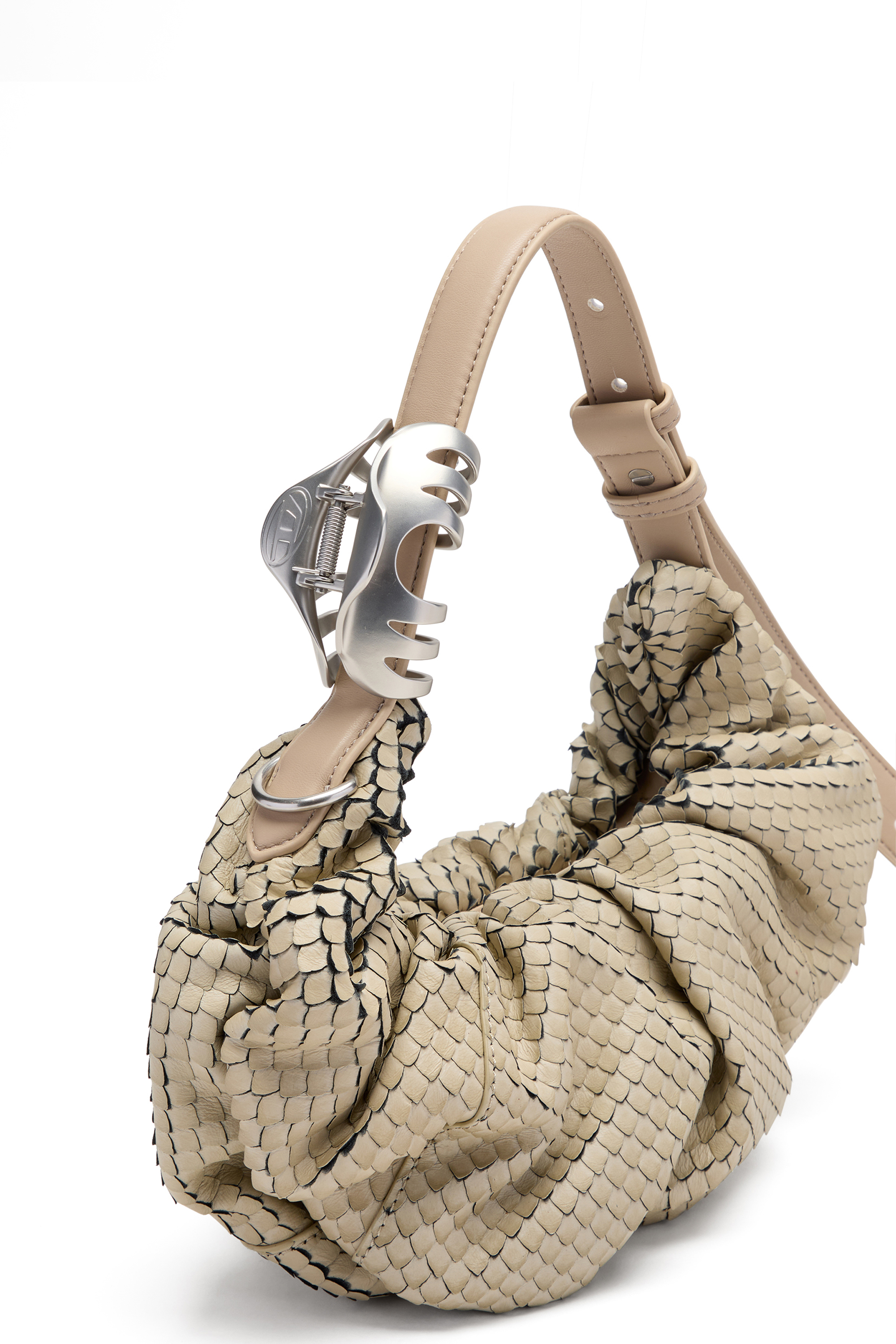 Diesel - GRAB-D HOBO S, Woman's Grab-D-Scrunched hobo bag in textured leather in Beige - 3