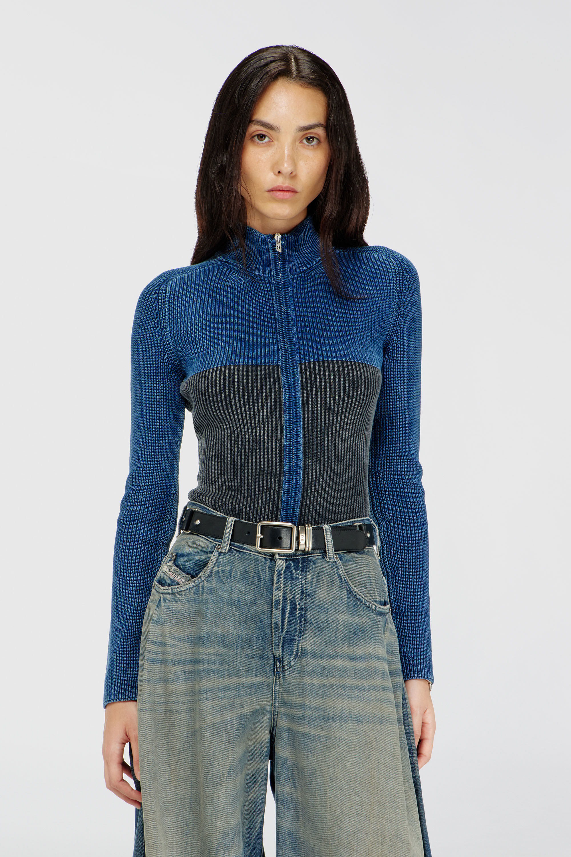 Diesel - M-HERMOSITA, Woman's Zip-up cardigan with two-tone denim effect in Black/Blue - 1