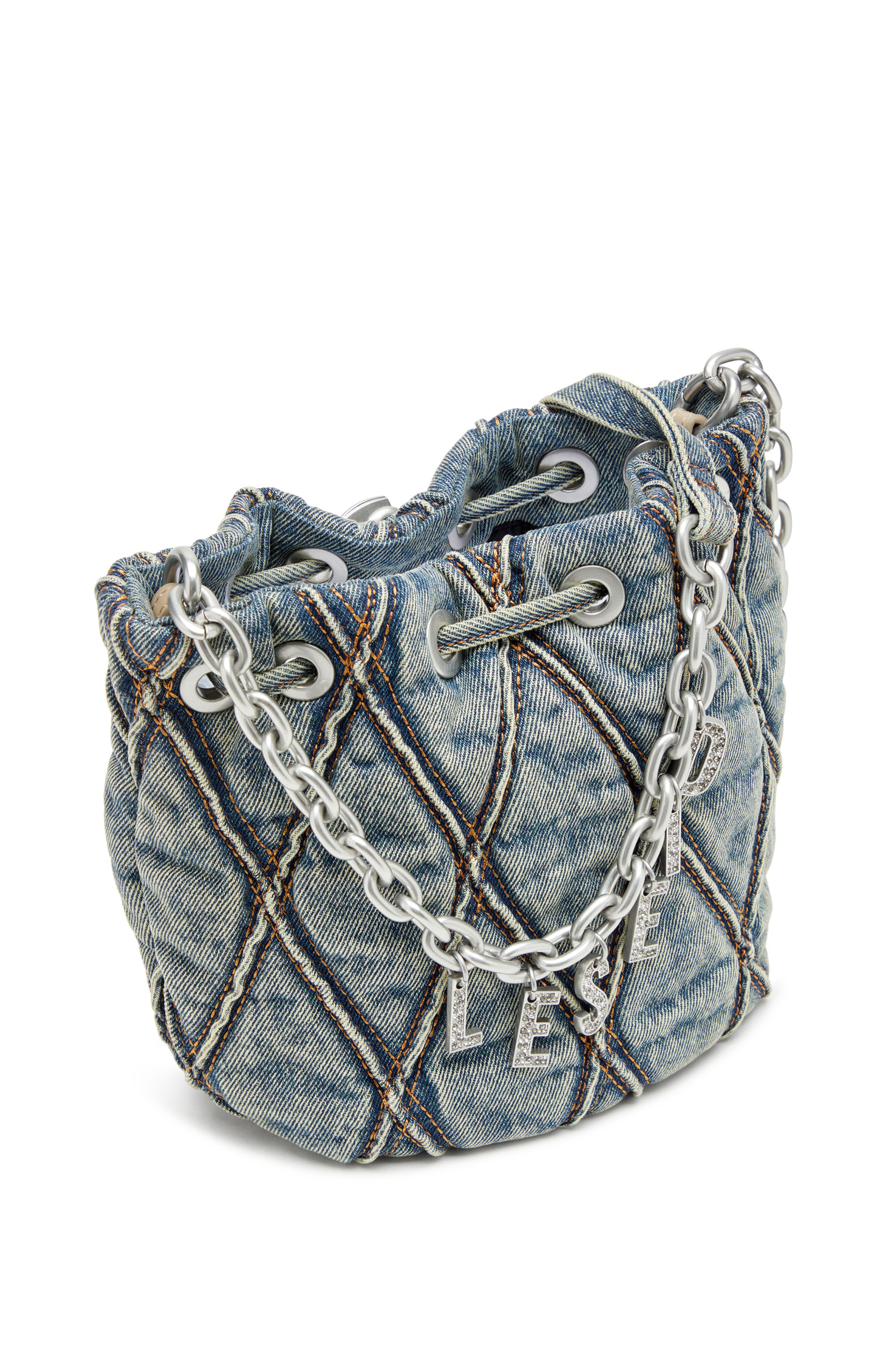 Diesel - CHARM-D BUCKET S, Woman's Charm-D S-Mini bucket bag in argyle quilted denim in Blue - 6