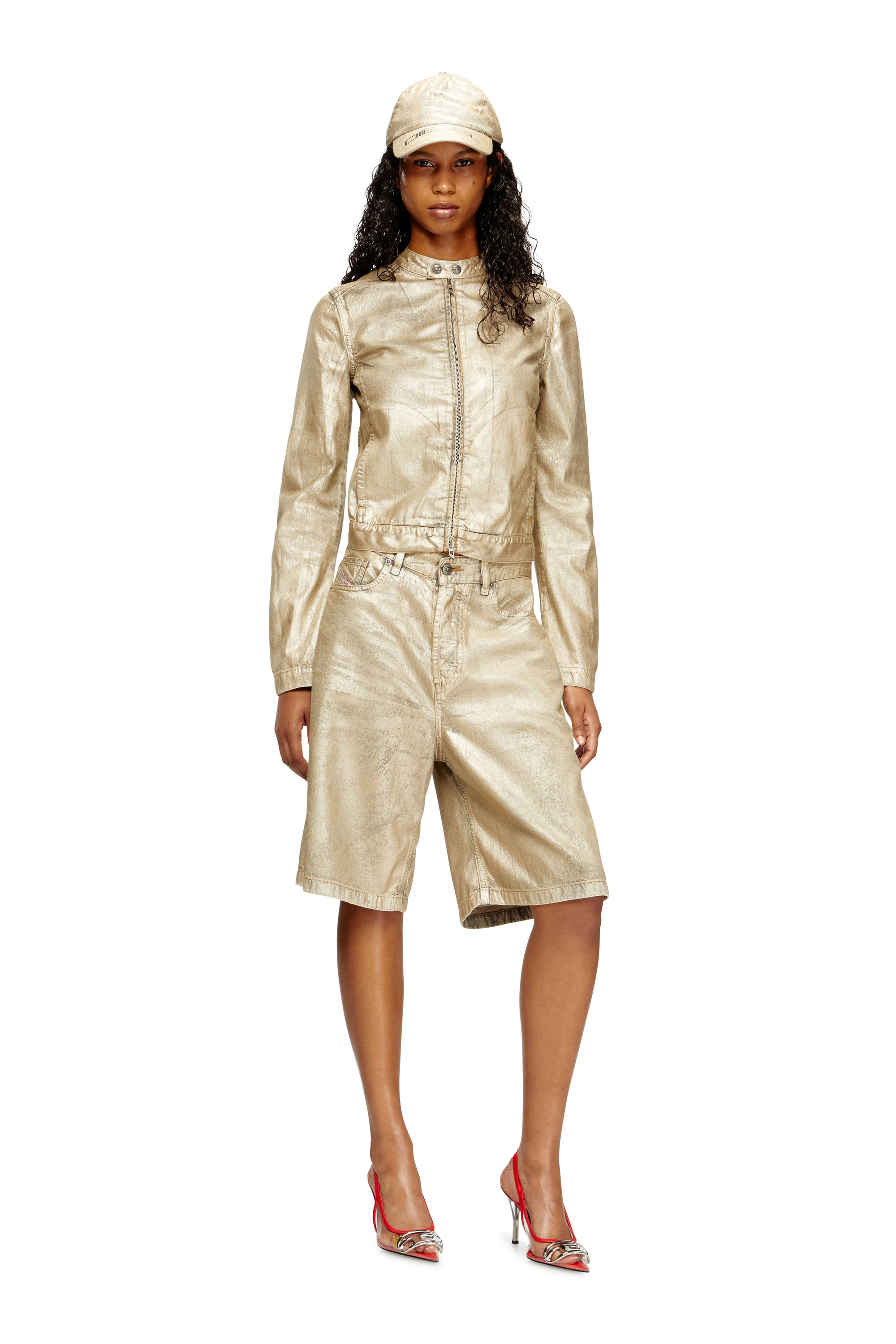 Diesel - DE-MORNIN-KG, Woman's Moto jacket in distressed metallic denim in Gold - 1