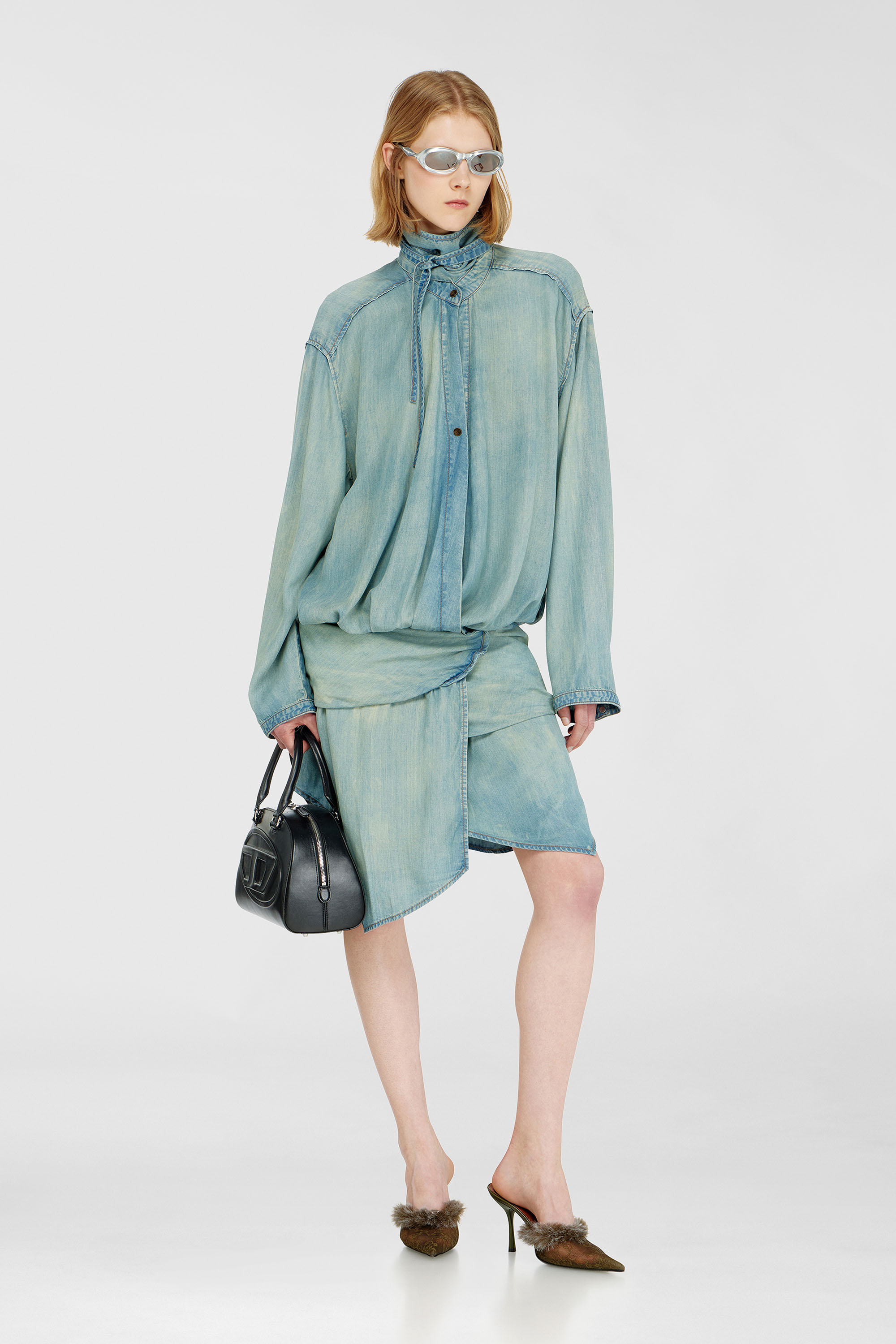 Diesel - DE-TILORA-S, Woman's Oversized draped denim shirt dress in Light Blue - 2