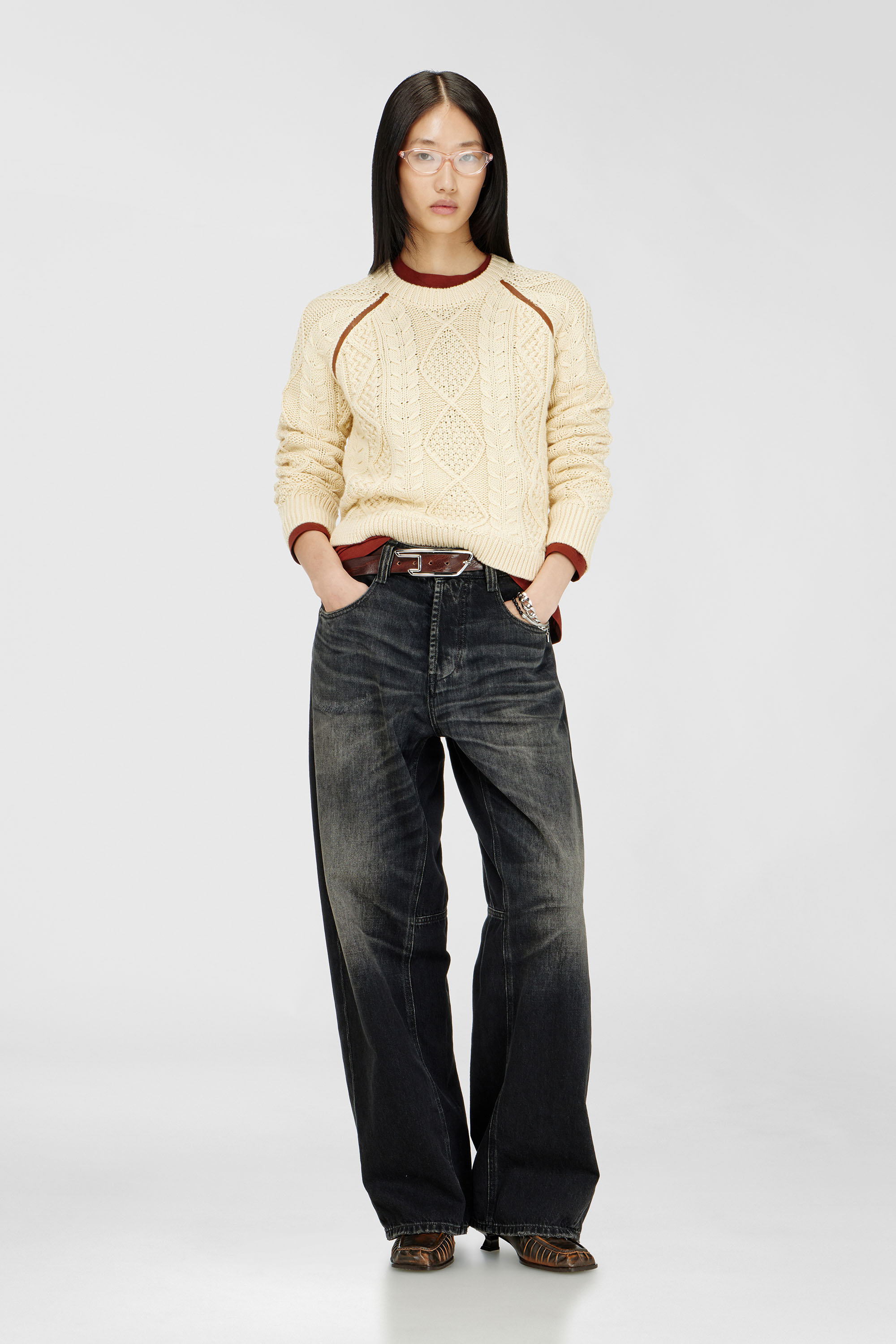Diesel - M-INTANA, Woman's Cable-knit jumper with contrast bands in Beige - 1