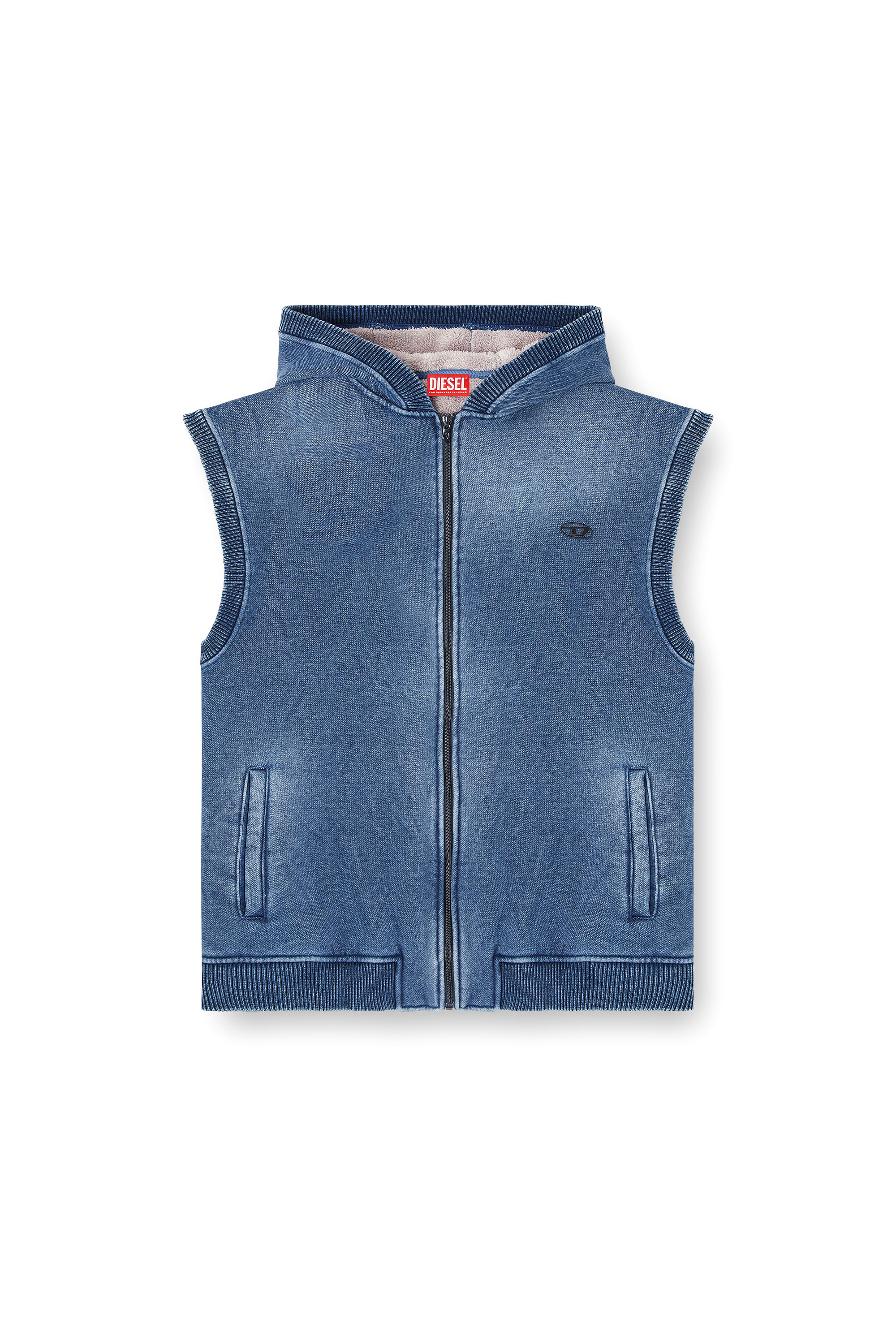 Diesel - S-HAKEL, Man's Teddy-lined sleeveless zip-up hoodie in Medium blue - 3