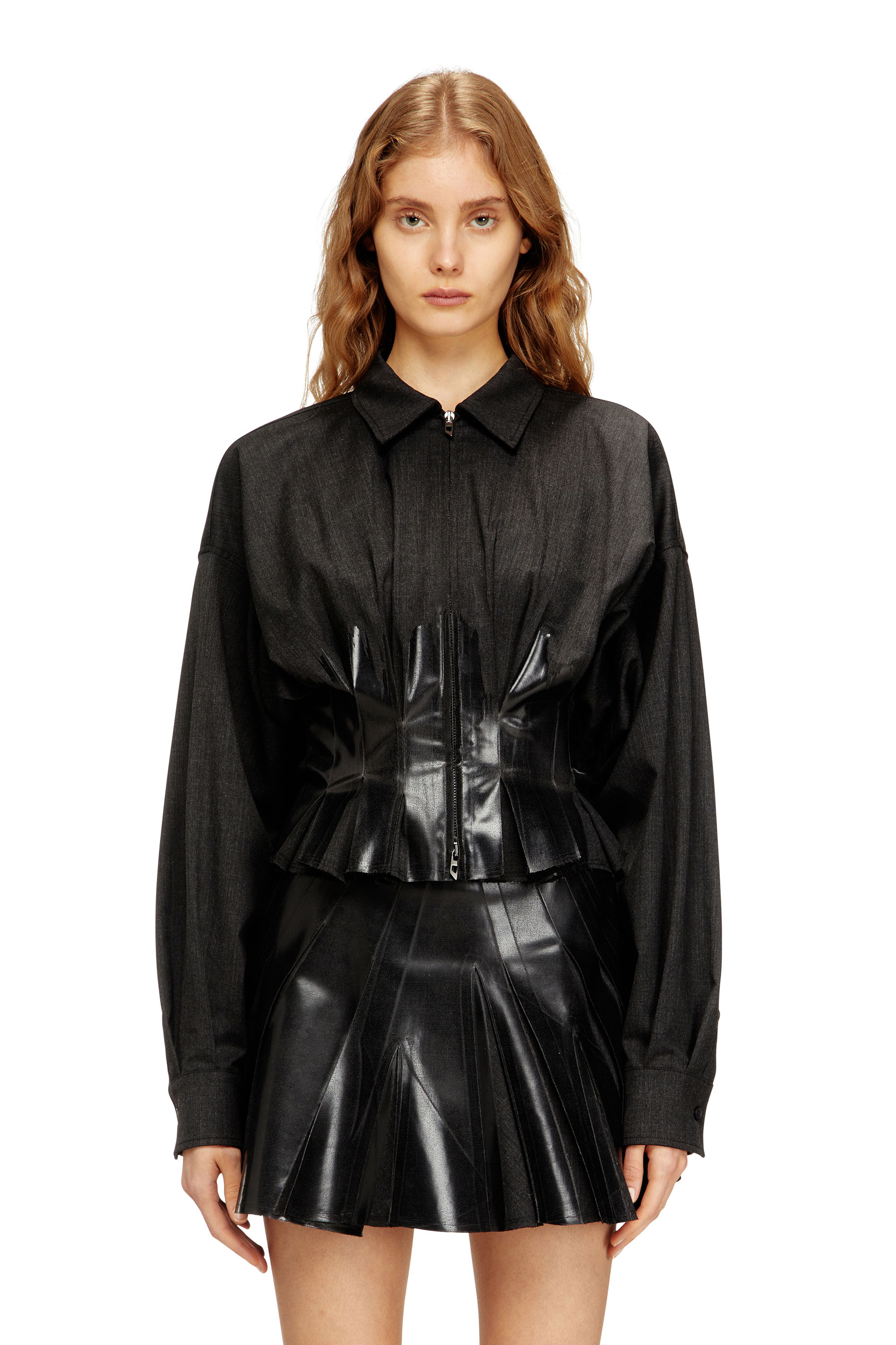 Diesel - G-ANBU, Woman's Tailoring shirt-jacket with coated pleats in Black - 1