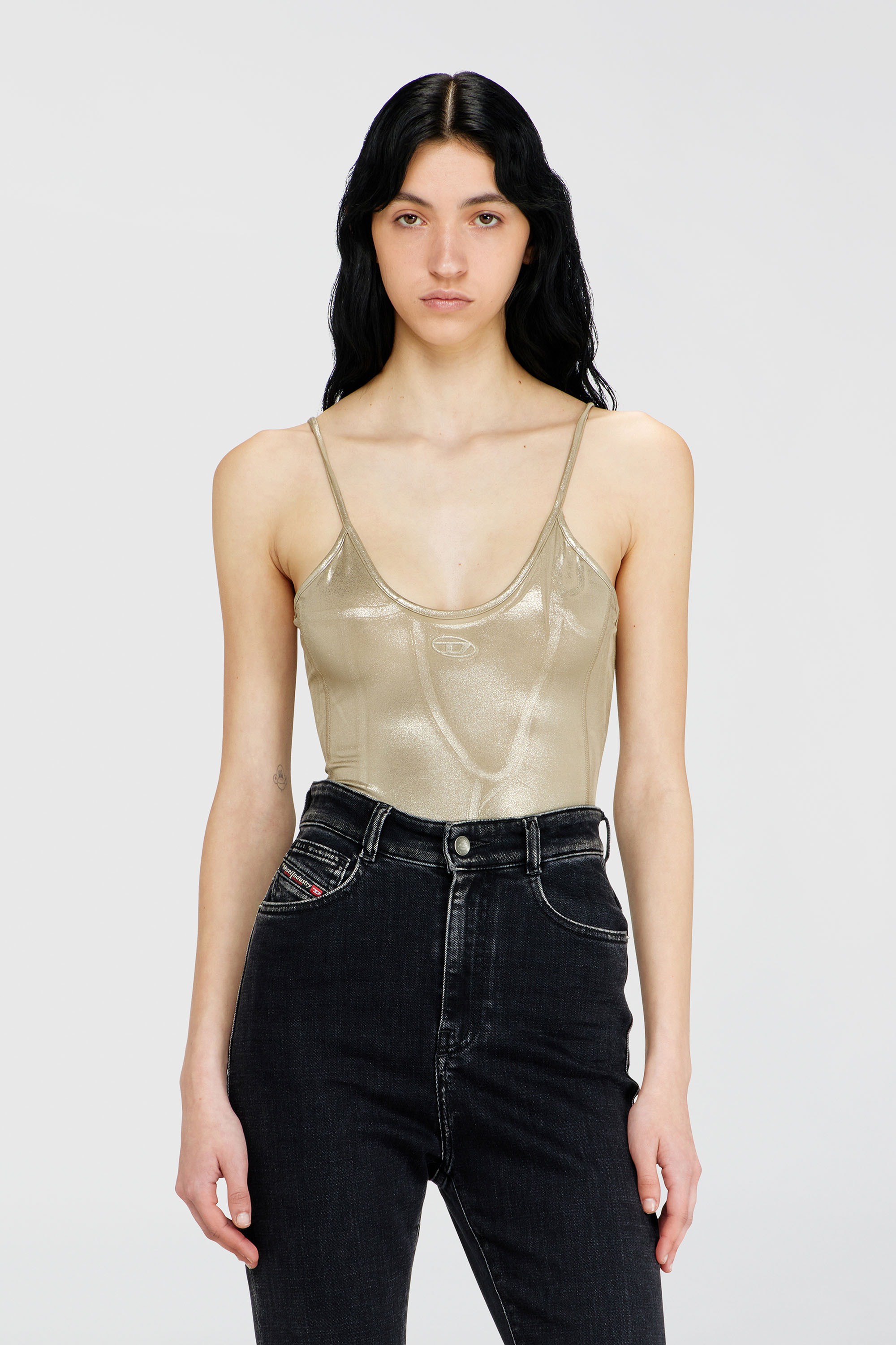 Diesel - T-IMYNY, Woman's Shiny jersey bodysuit with round neck in Gold - 1