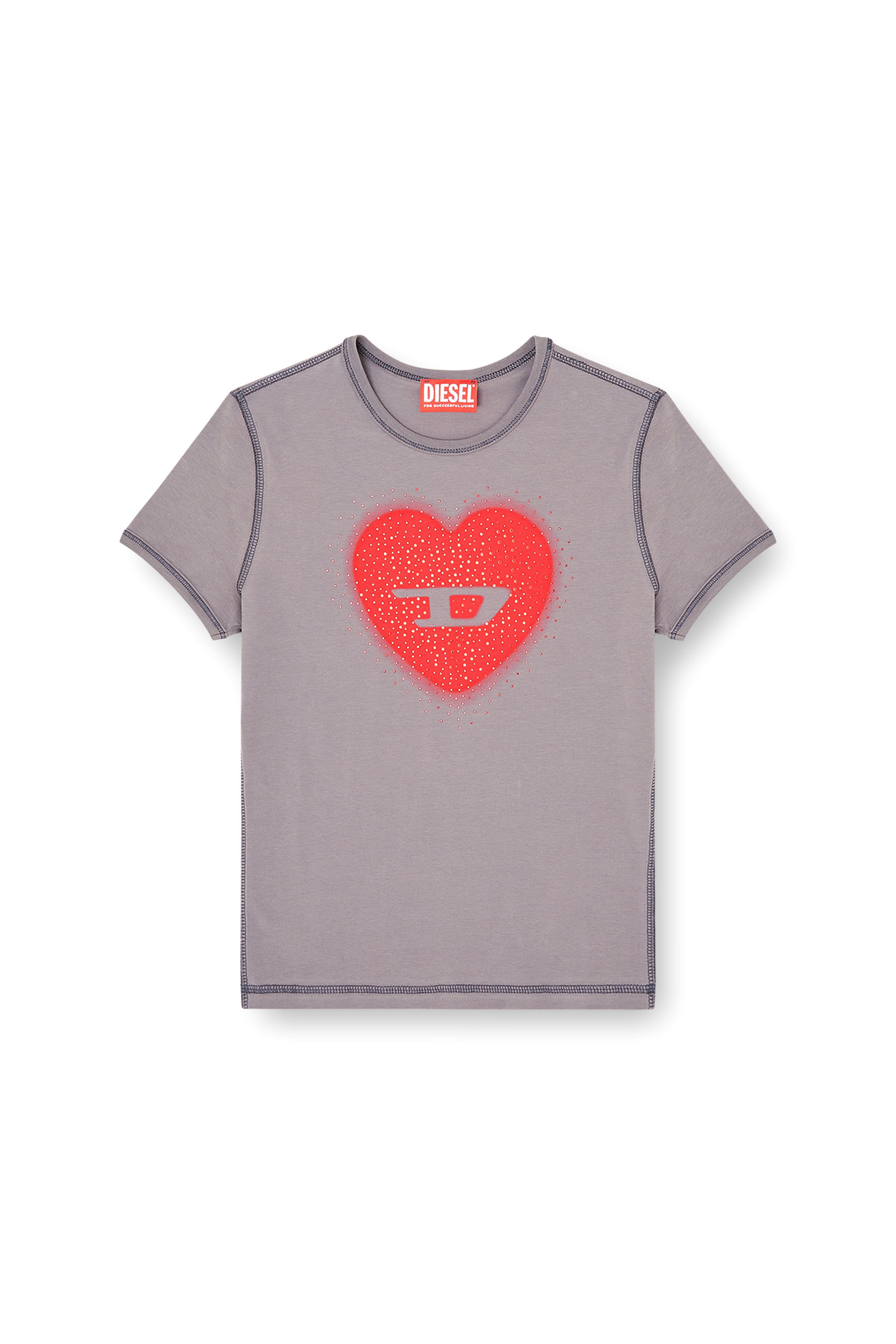 Diesel - T-UNCUTIES-LONG-S5, Woman's Slim T-shirt with heart print and studs in Grey - 3