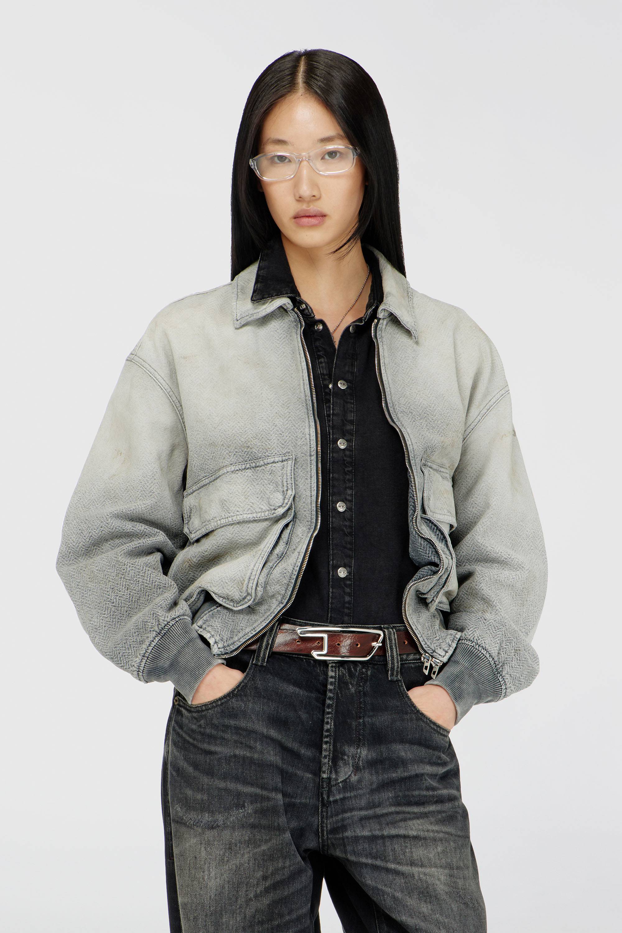 Diesel - D-KURZ, Unisex's Jacket in distressed herringbone denim in Grey - 1