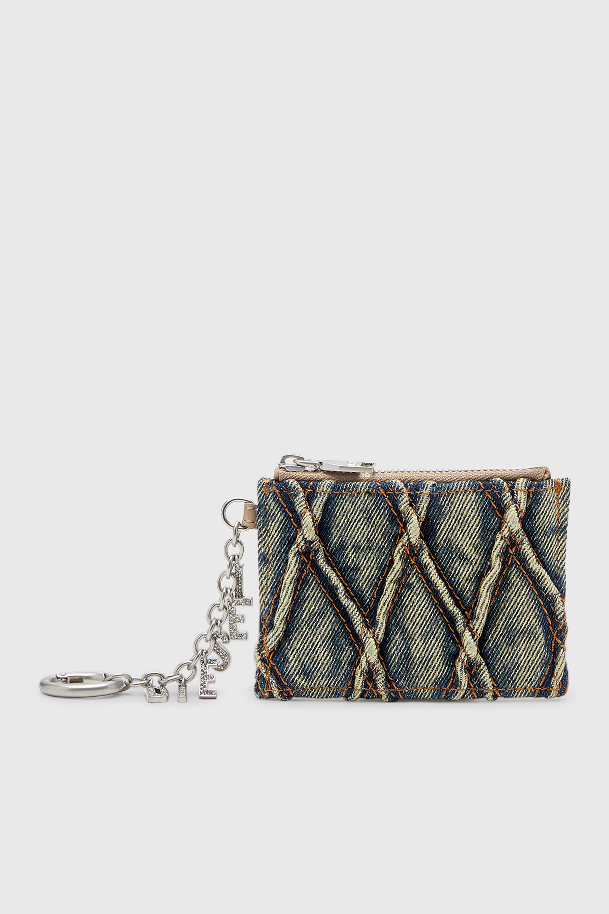 Diesel - CARD HOLDER WITH CHAIN, Woman's Card holder in argyle quilted denim in Blue - 1