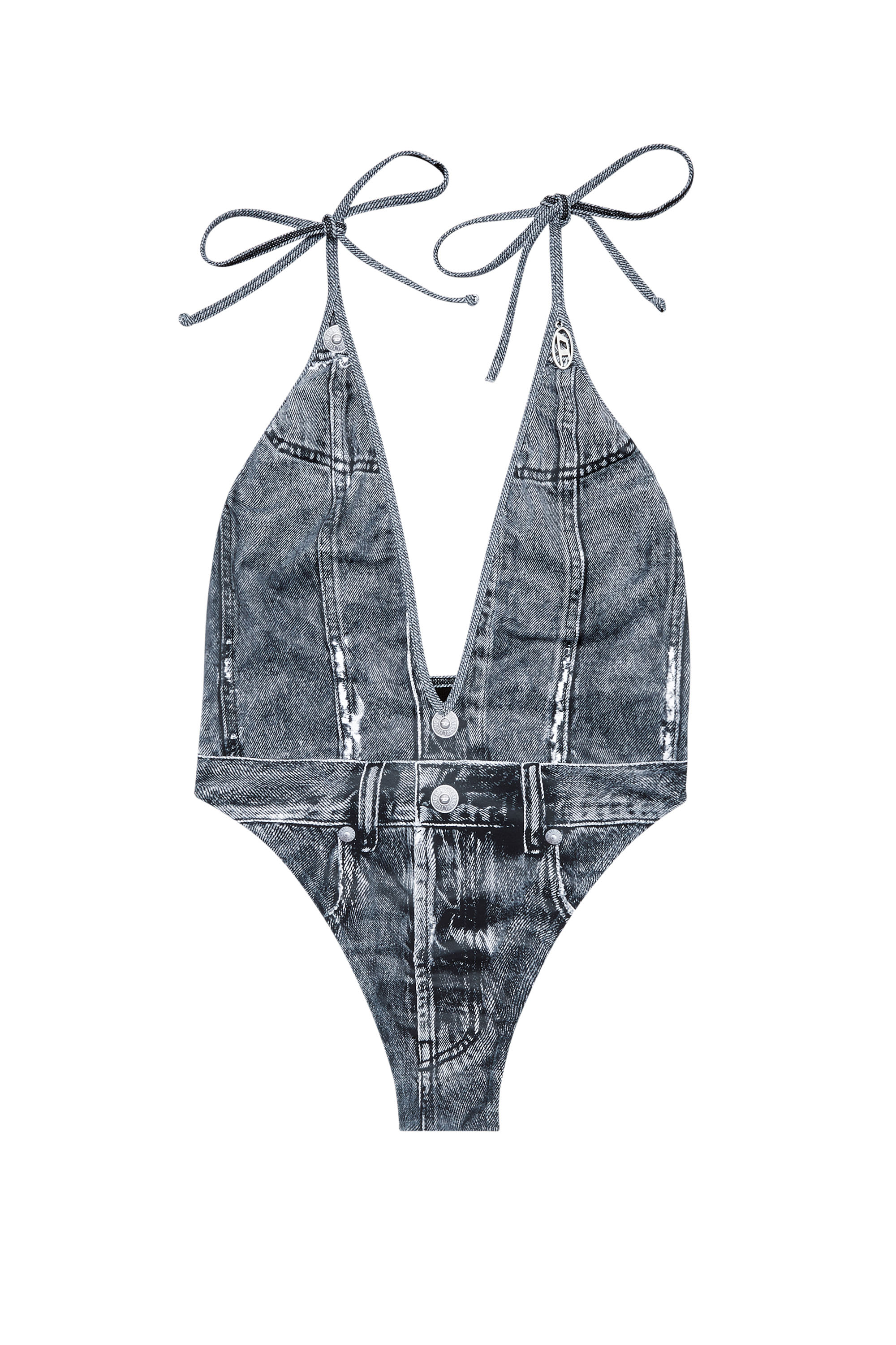 Diesel - KINSLEY-DNM, Woman's Plunging swimsuit with denim trompe l'oeil in Blue - 4