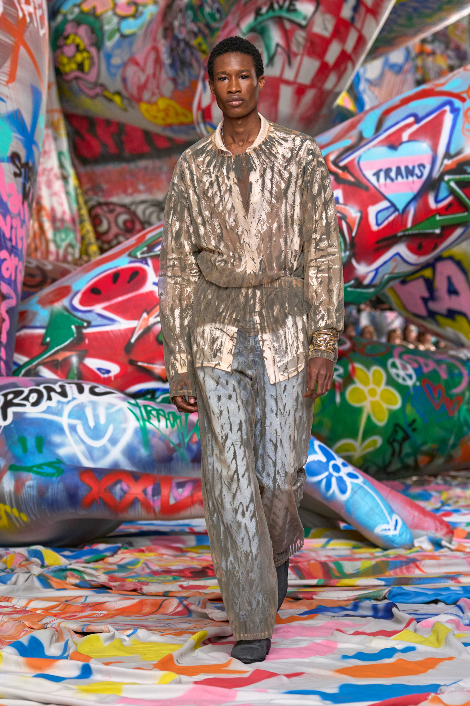 Diesel - P-EGASO, Man's Tulle pants with flocked cable prints in Grey - 3