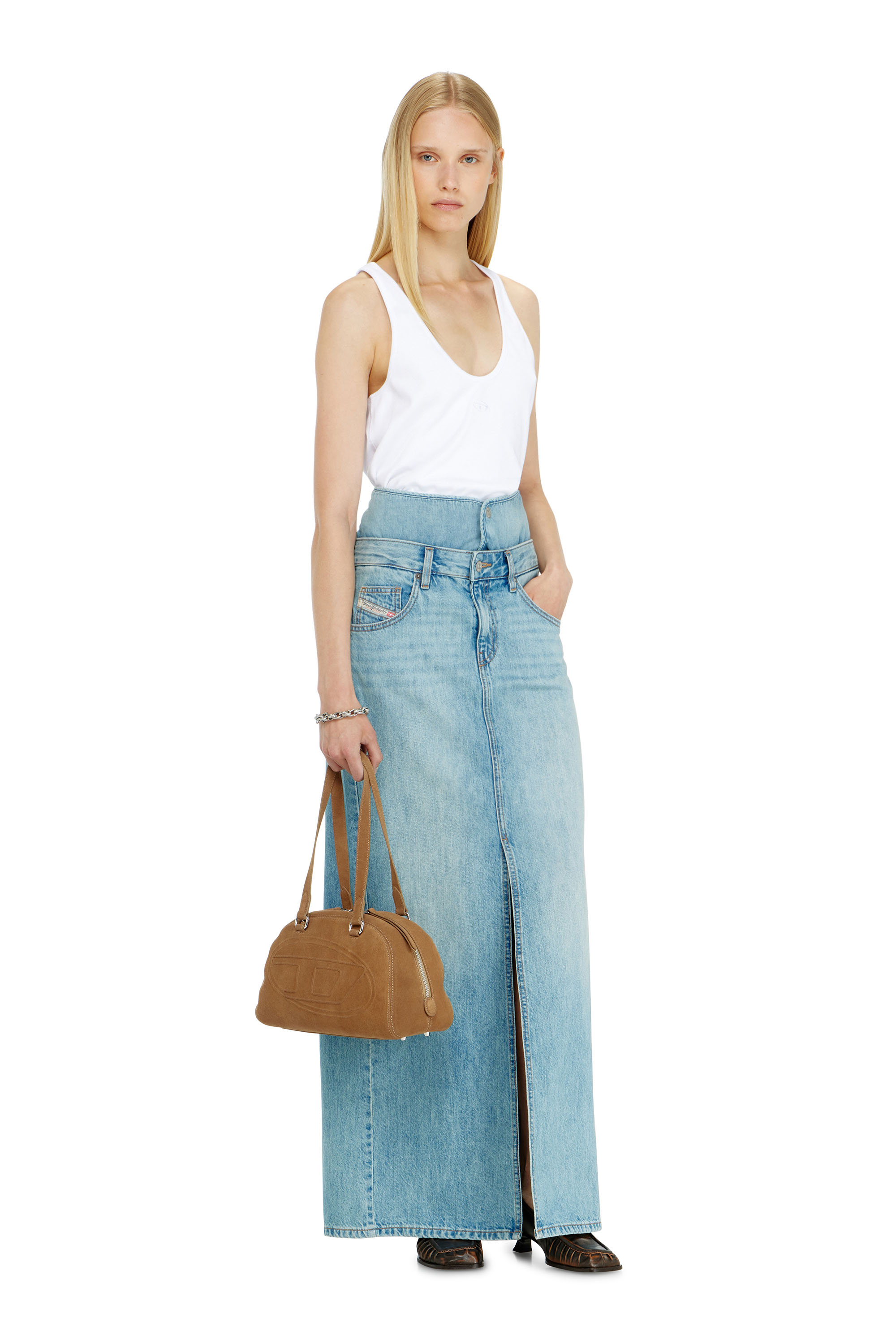 Diesel - DE-SPIVEY, Woman's Jean-illusion denim maxi skirt with slits in Light Blue - 1