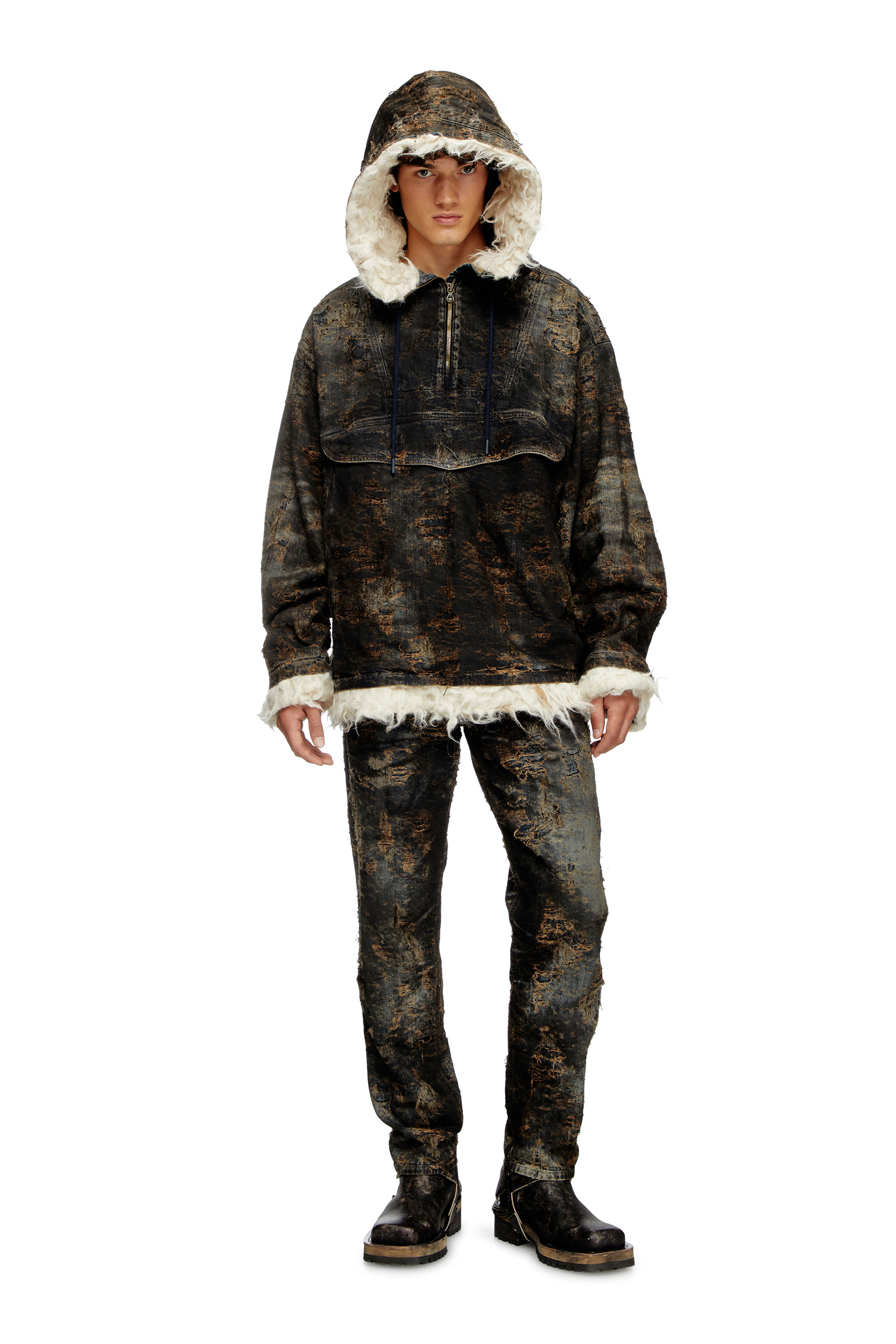 Diesel - D-ARAK-FSF, Unisex's Anorak in coated jacquard denim in Black/Dark grey - 1