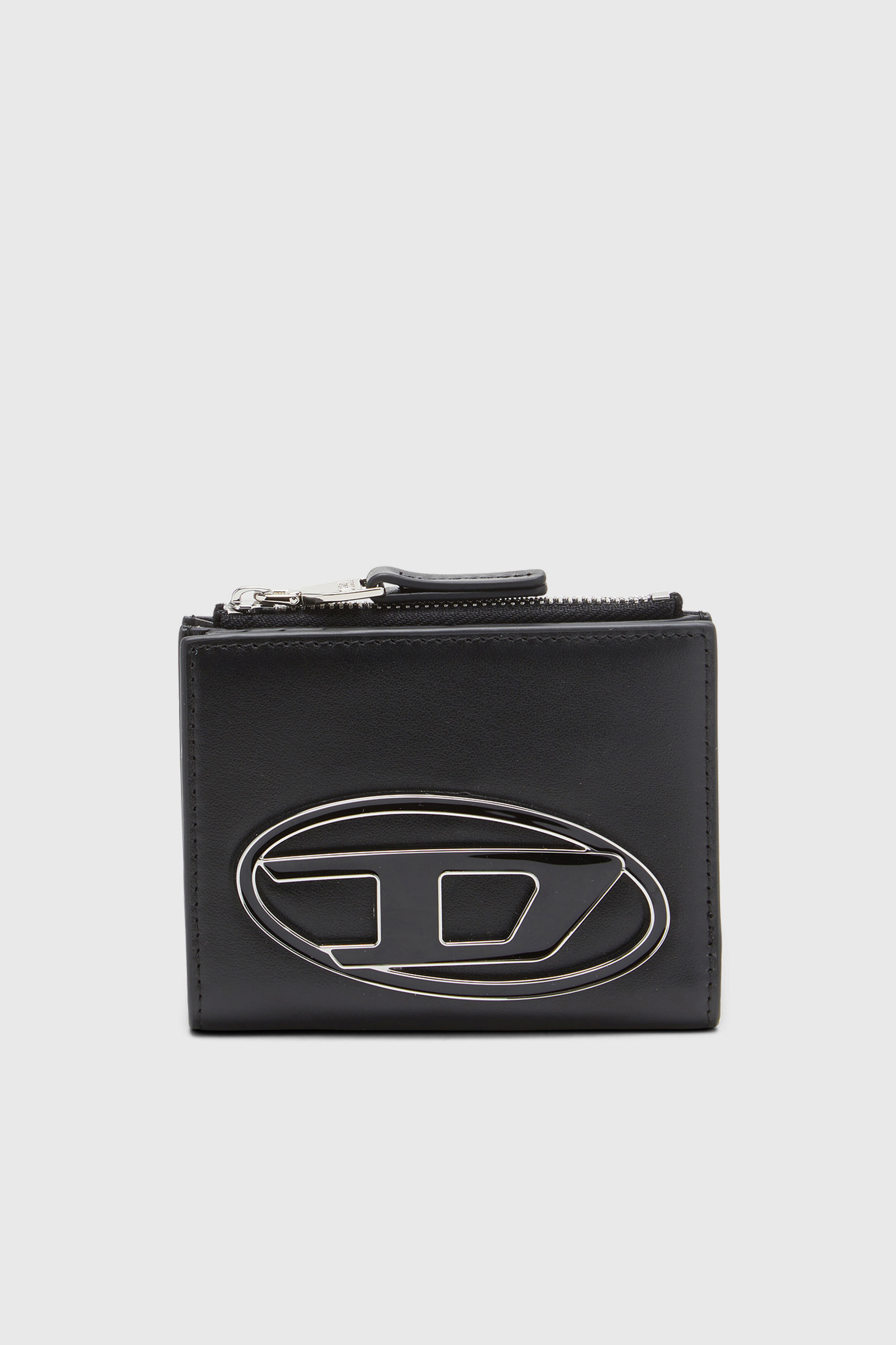 Diesel - 1DR BI-FOLD ZIP II, Woman's Small leather wallet with logo plaque in Black - 1