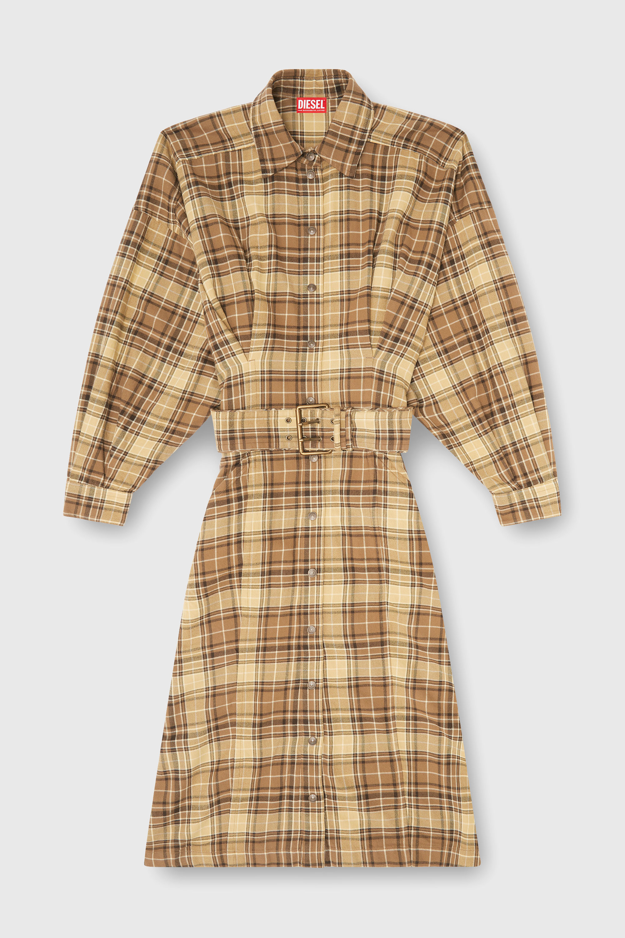 Diesel - D-EDALUS, Woman's Midi dress in check flannel with wide belt in Brown/Yellow - 1