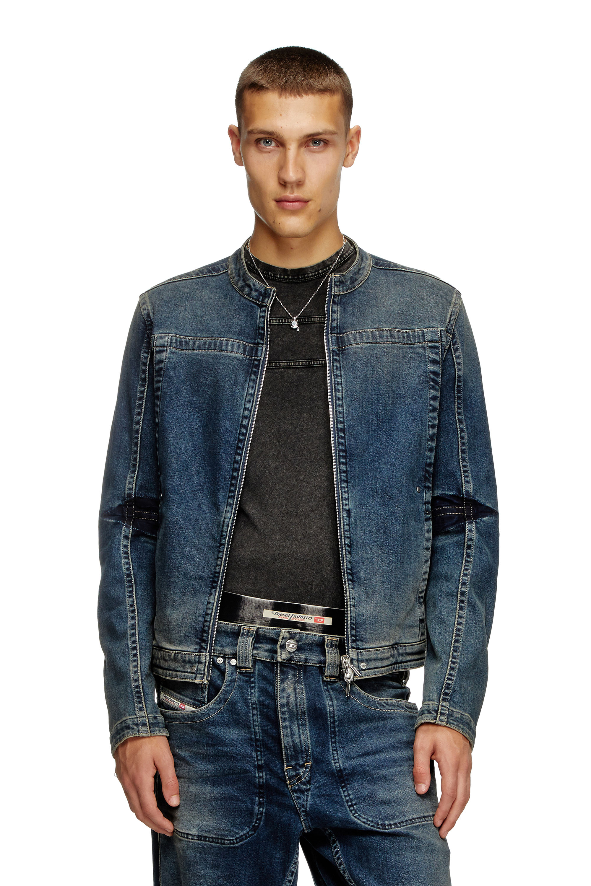 Diesel - D-GLORY-RE, Man's Moto jacket in Rehab denim in Dark Blue - 1