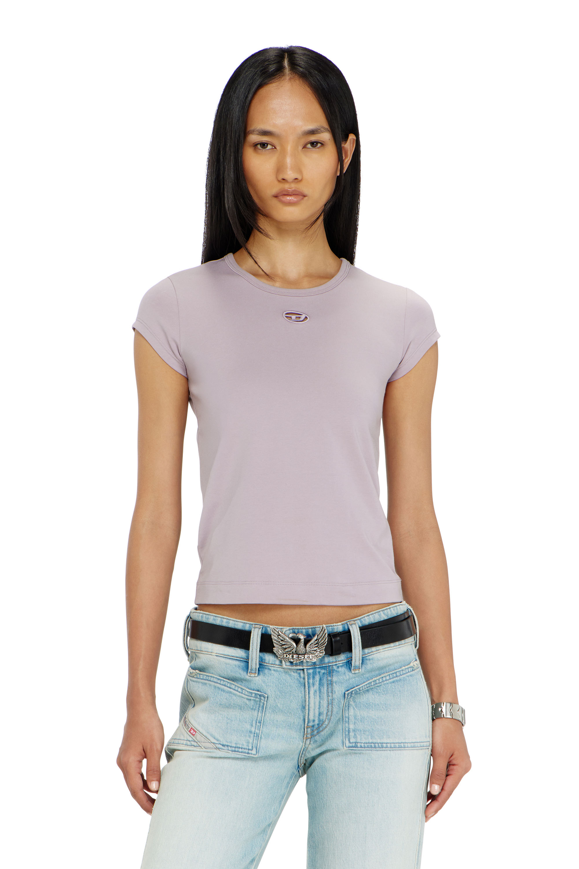 Diesel - T-ANGIE-OD, Woman's T-shirt with cut-out embroidered logo in Lilac - 1