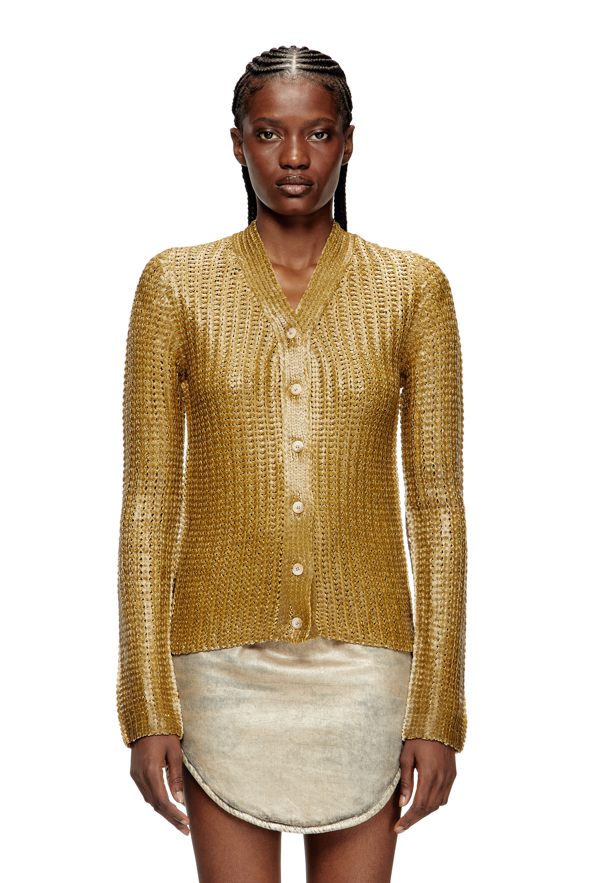 Diesel - M-MILLO, Woman's Ribbed cardigan with shiny effect in Light Brown - 3
