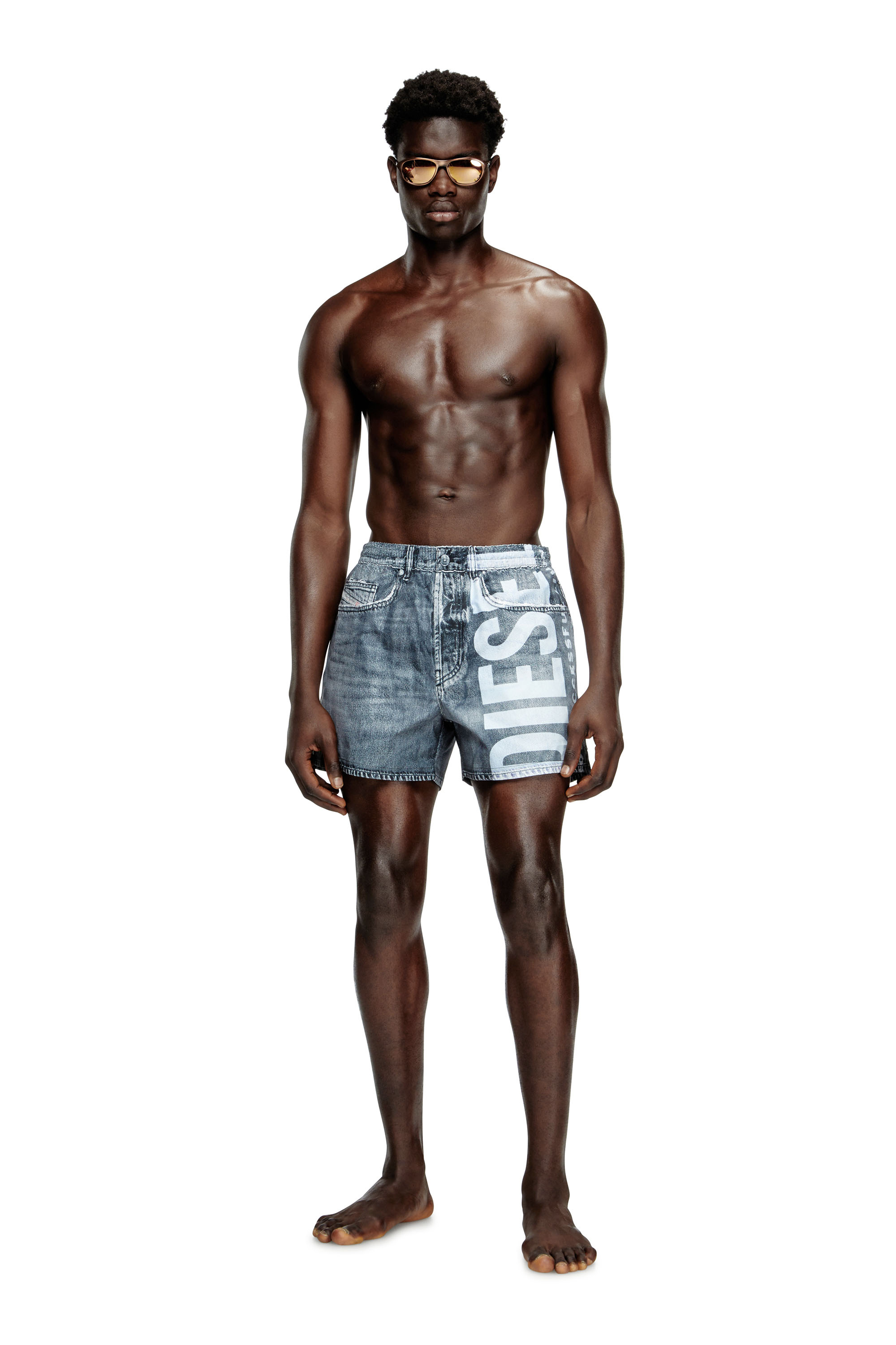 Diesel - KEN-37-DNM, Man's Mid-length trompe l'oeil-denim swim shorts in Grey - 1