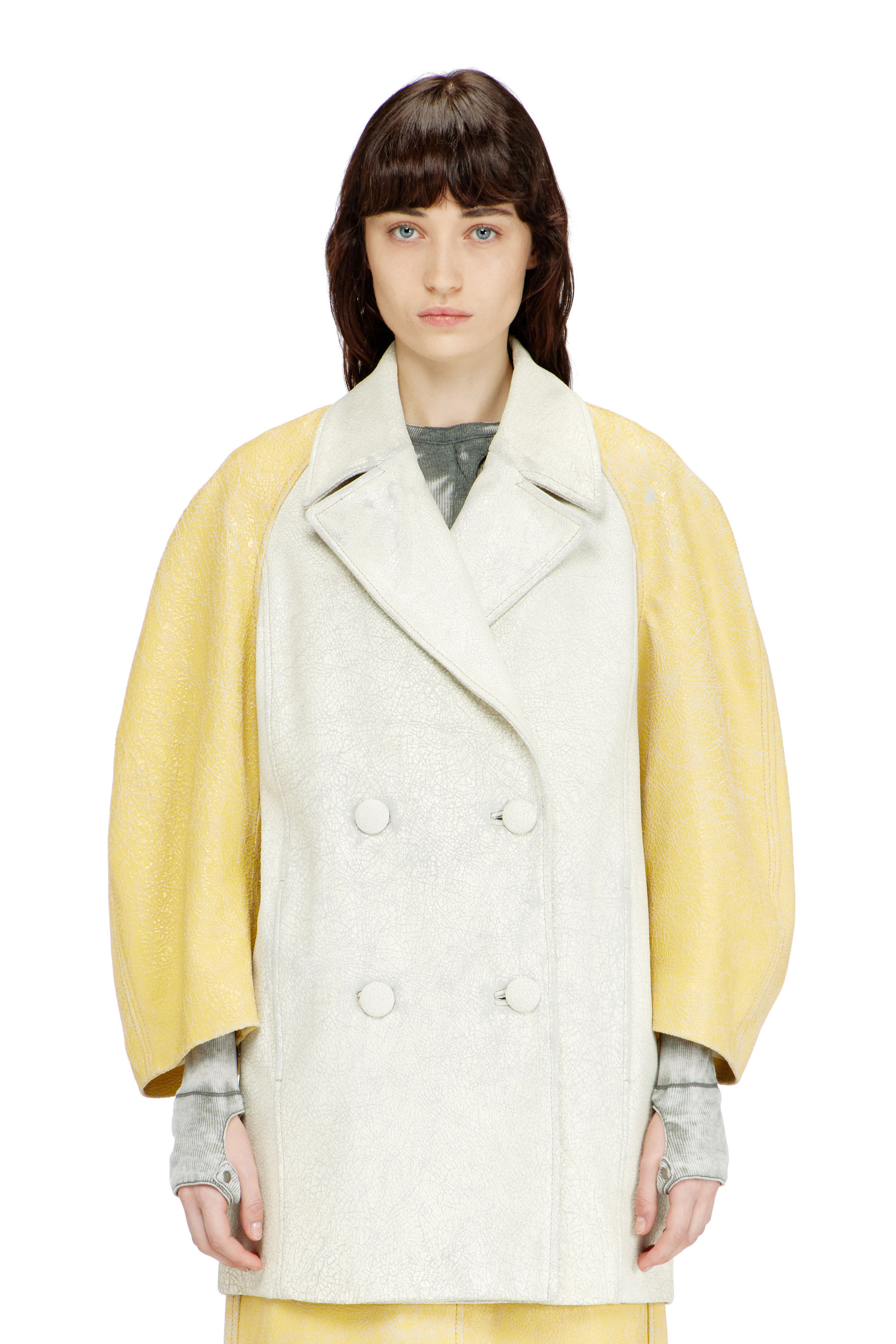 Diesel - L-UPIN, Woman's Cocoon-sleeve peacoat in cracked leather in White/Yellow - 3