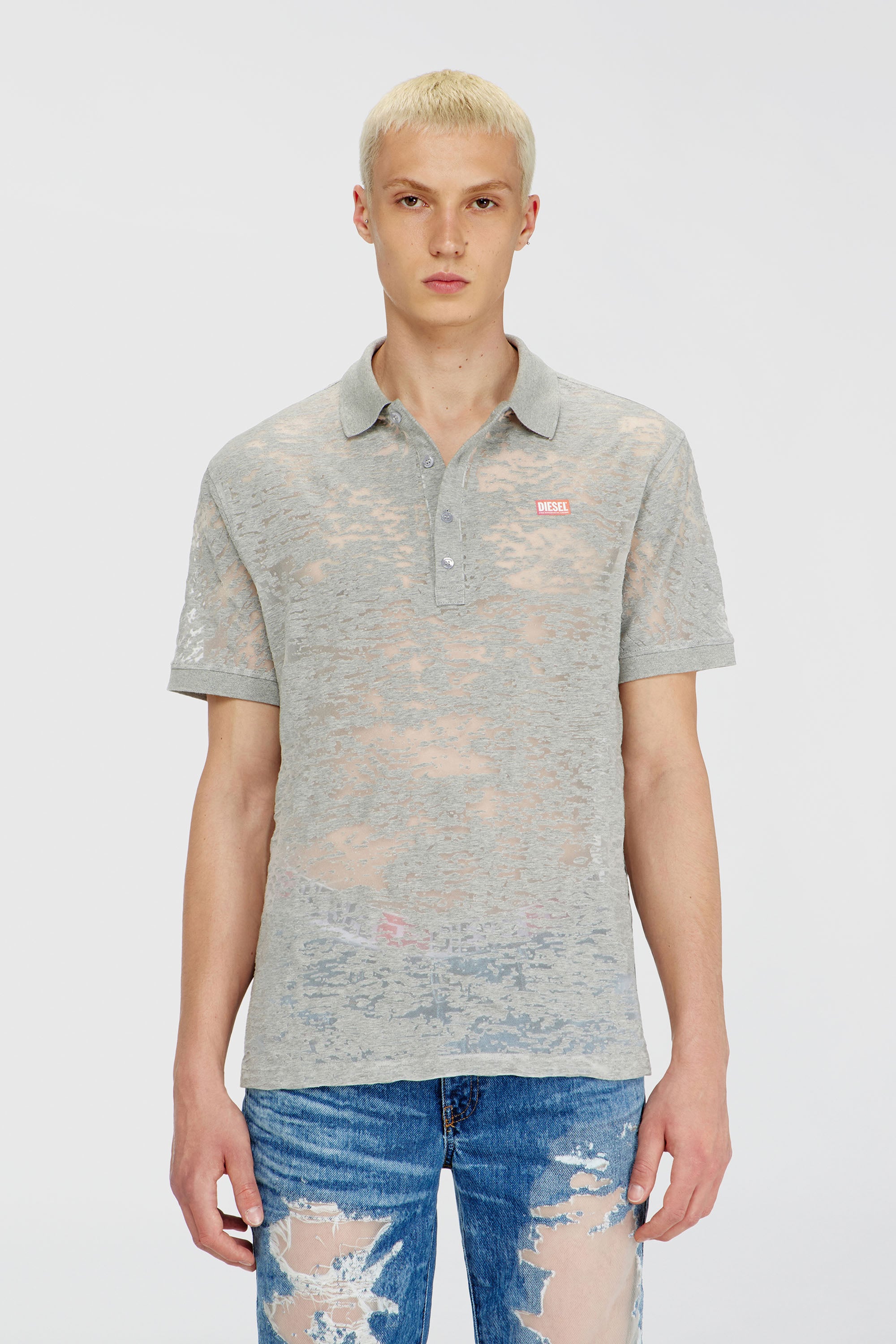 Diesel - PR-T-REJUST, Man's Polo shirt in all-over devor&eacute; jersey in Light Grey - 2