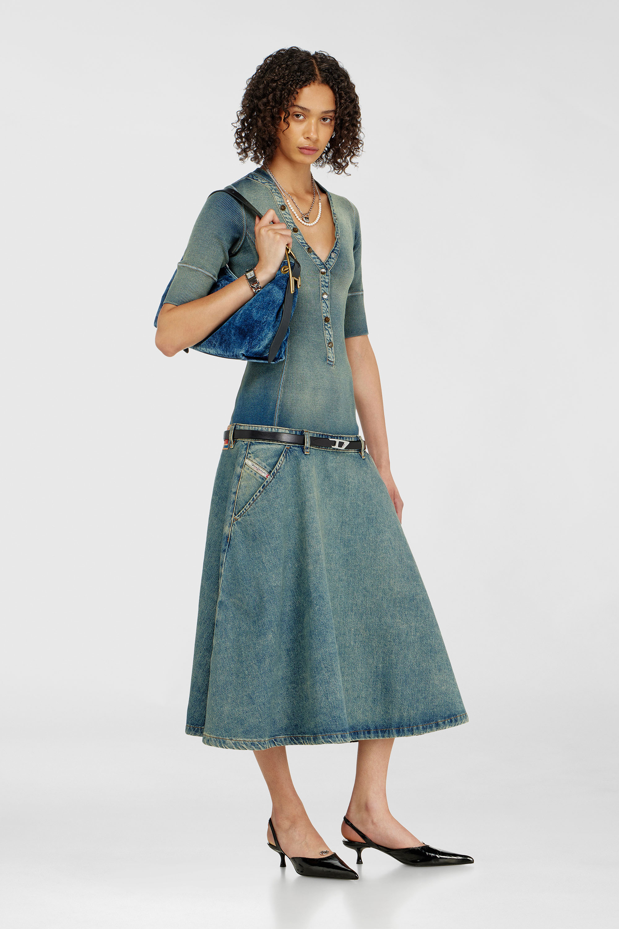Diesel - DE-ANIM-S, Woman's Drop-waist midi dress in knit and denim in Medium blue - 2