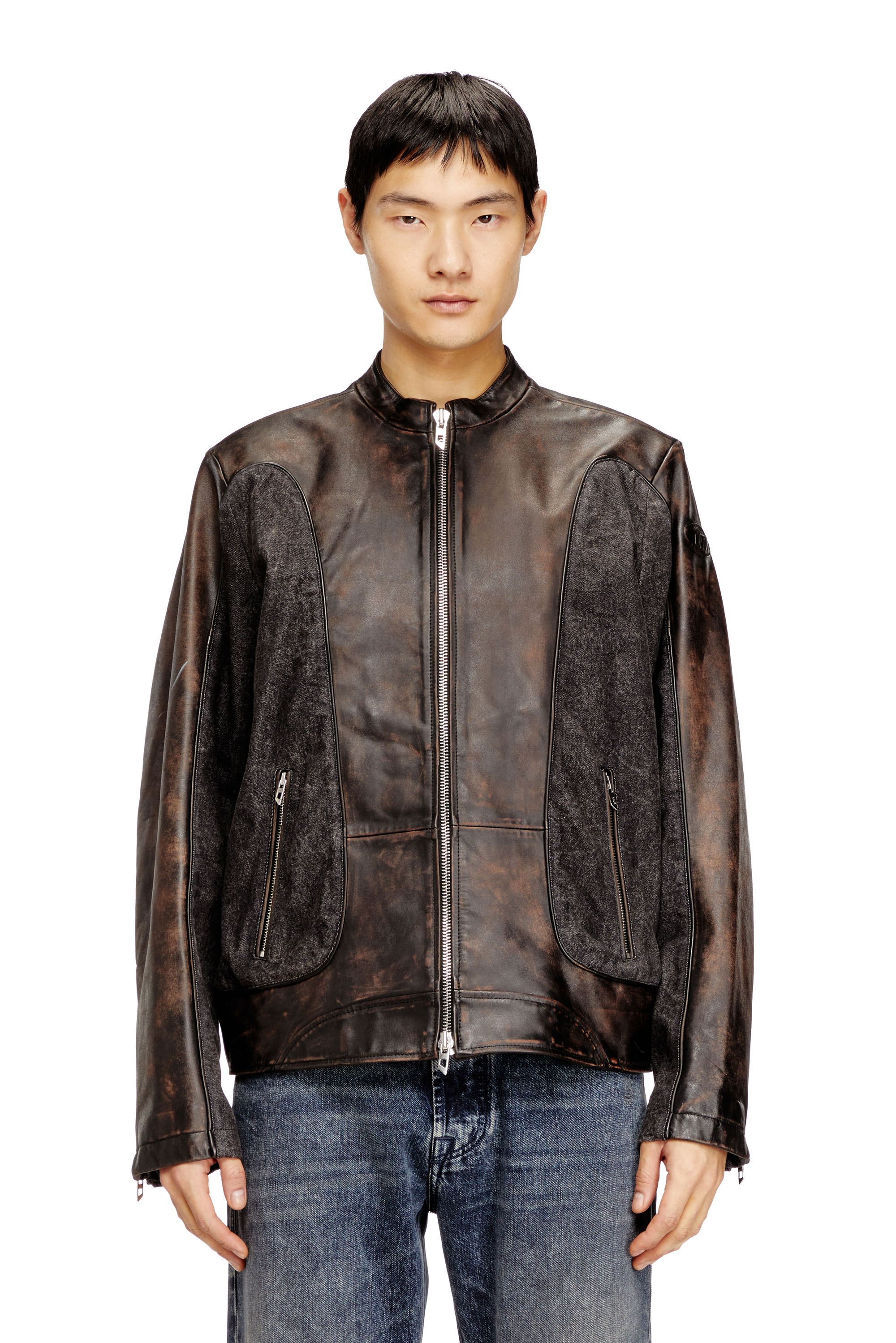 Diesel - L-KRILL-DNM, Man's Piped biker jacket in leather and denim in null - 1