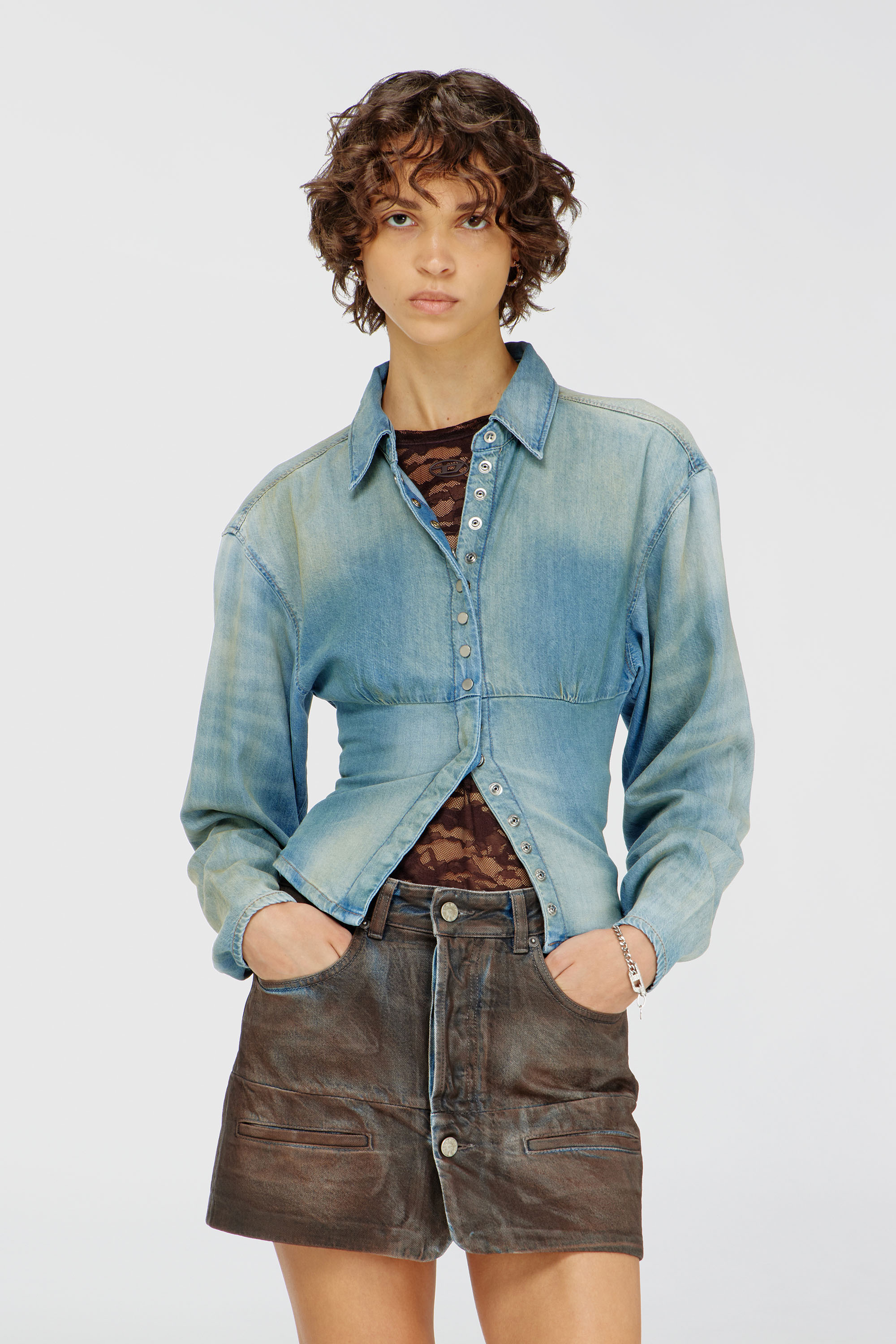 Diesel - DE-VIOLI-S1, Woman's Denim shirt with sectioned design in Light Blue - 2