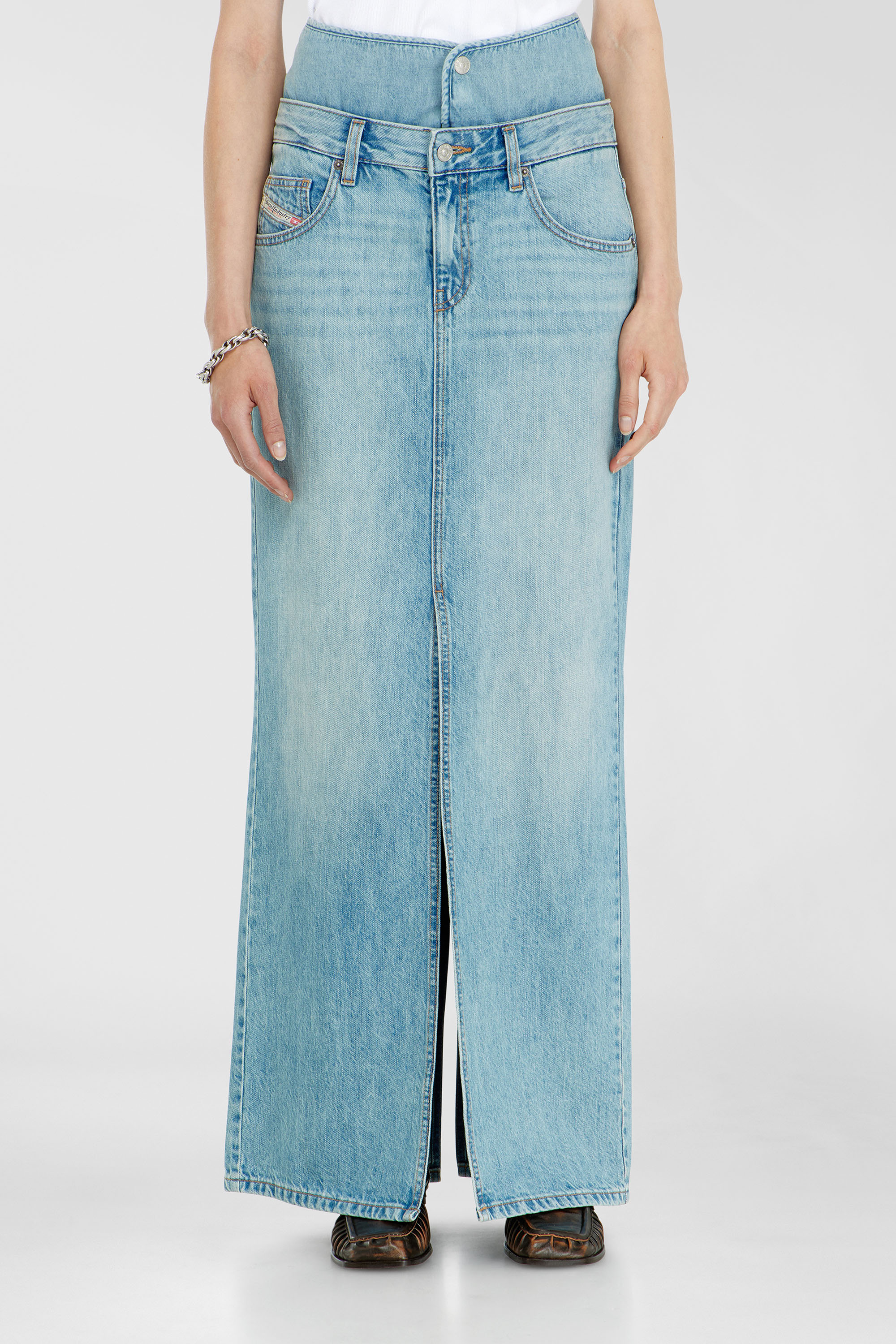 Diesel - DE-SPIVEY, Woman's Jean-illusion denim maxi skirt with slits in Light Blue - 2