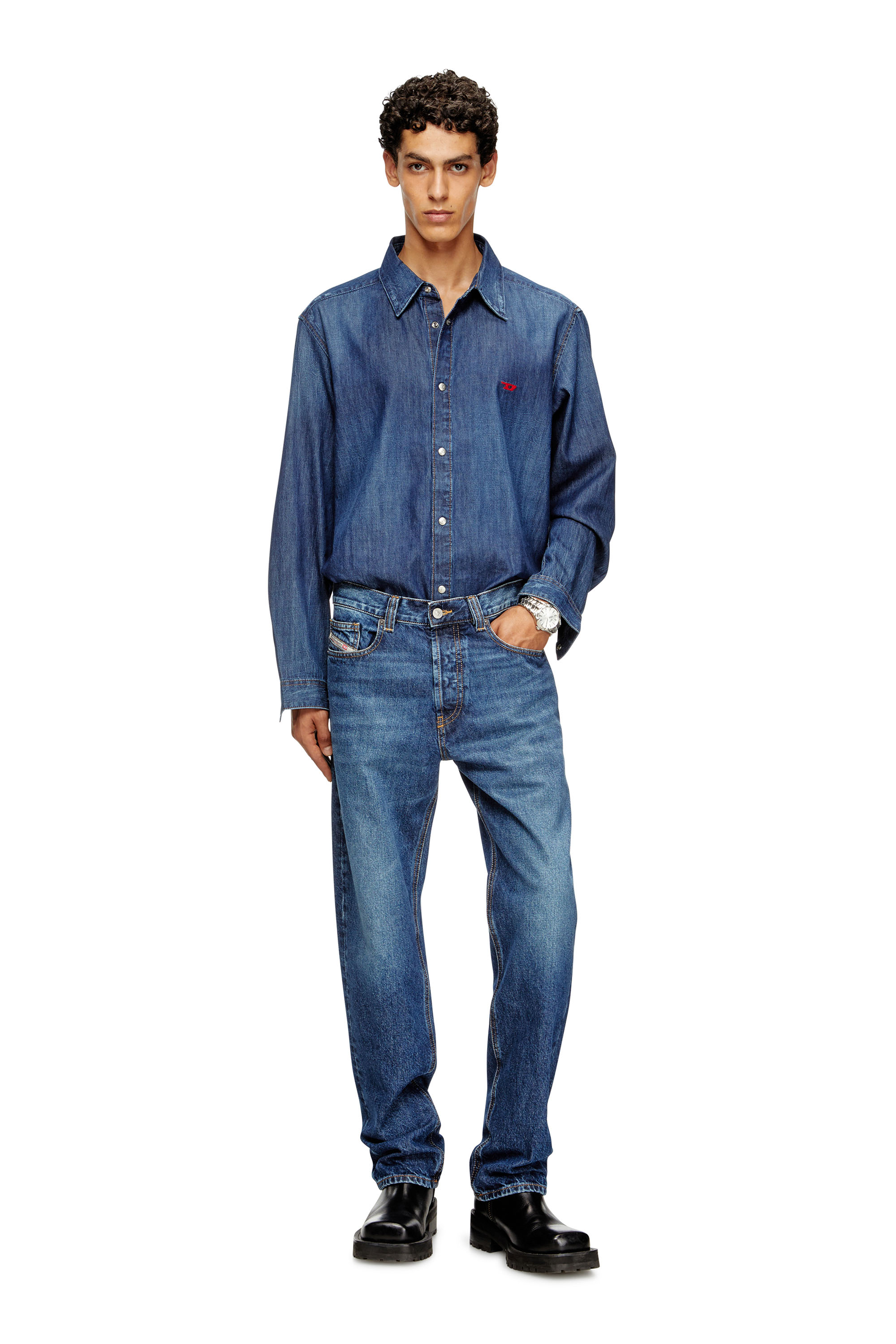Diesel - D-SIMPLY, Man's Denim shirt with embroidered logo in Medium blue - 1