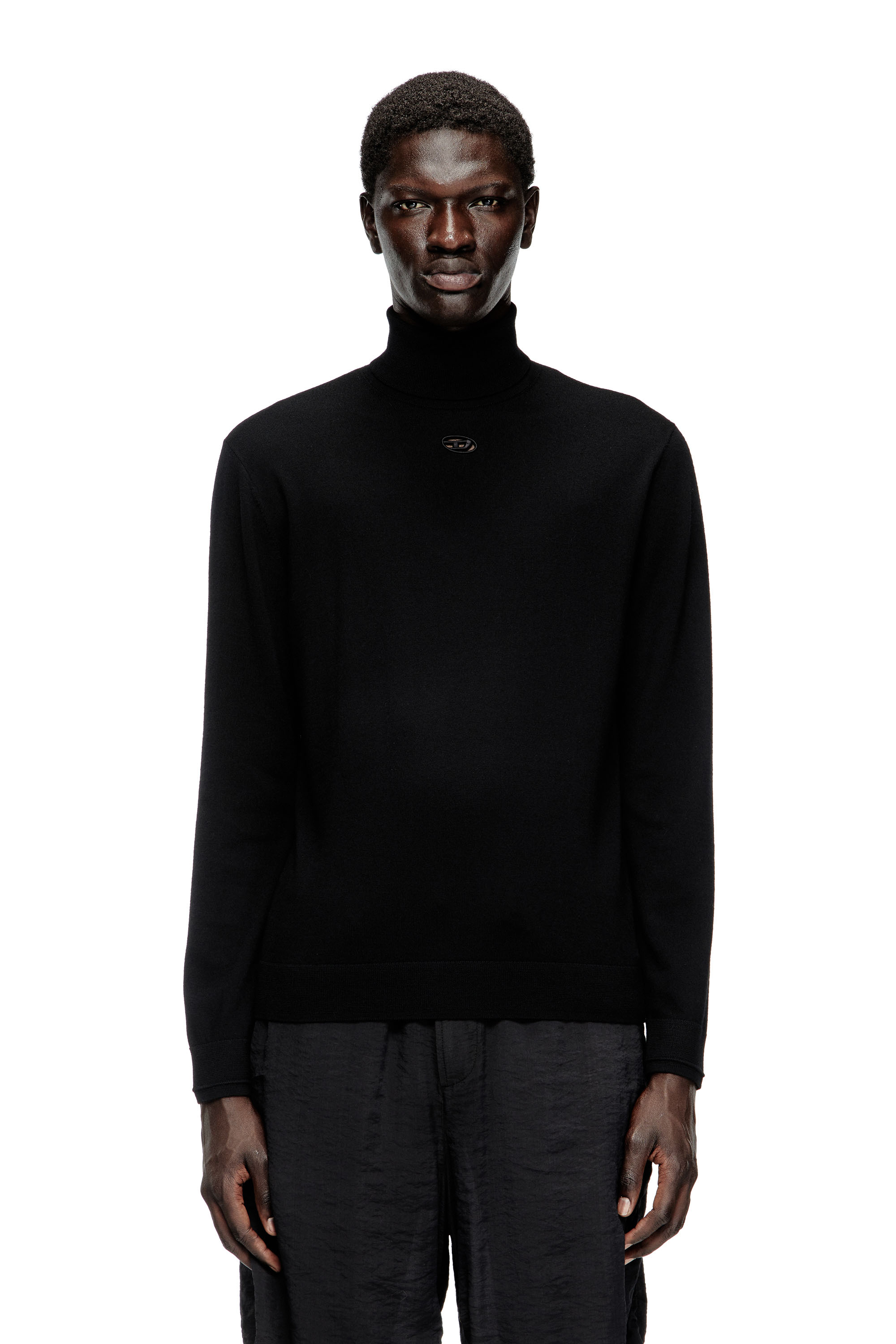 Diesel - K-VARTA, Man's Wool turtleneck jumper with cut-out logo in Black - 1
