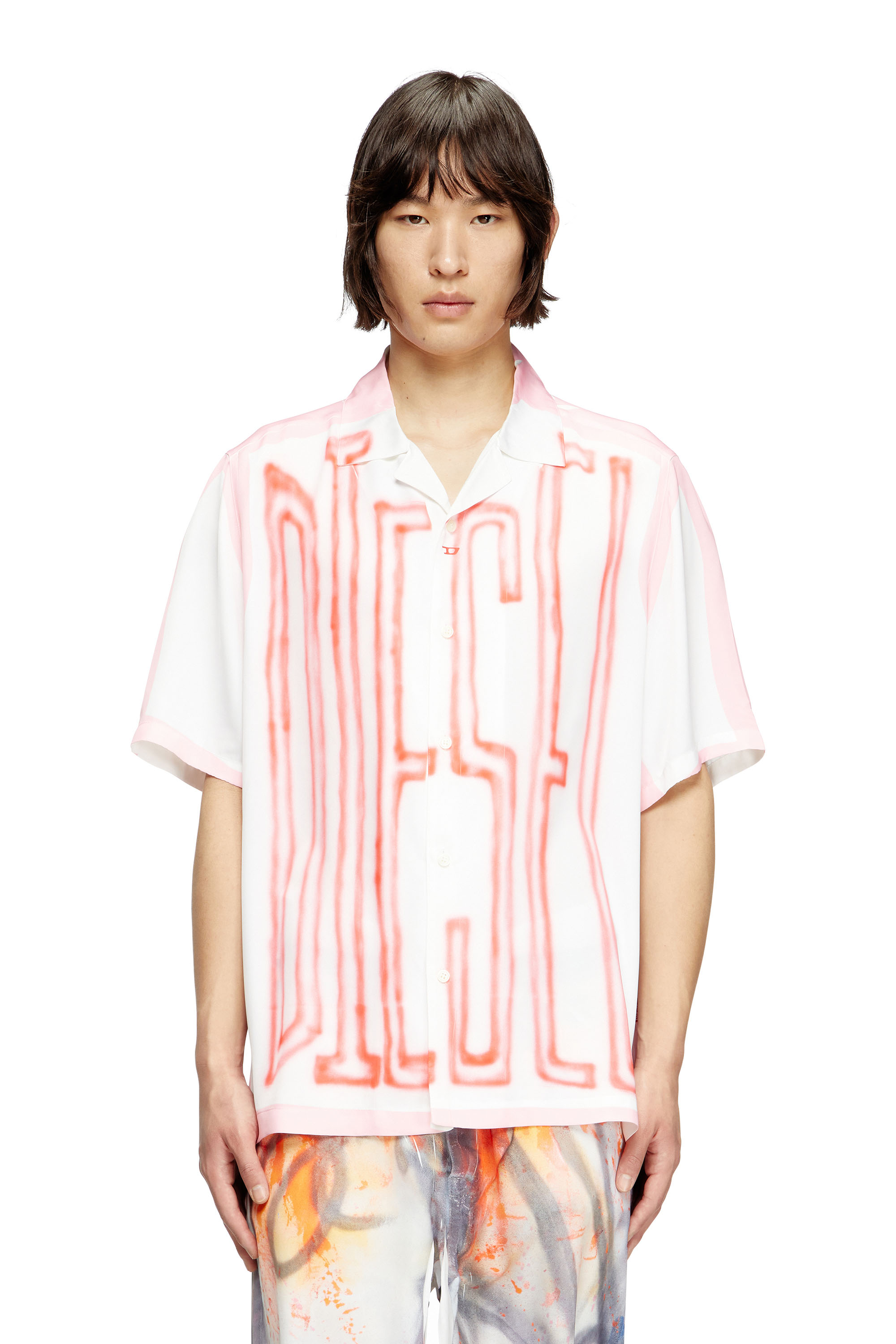 Diesel - C-PAROSHORT-GRAFFITI-FRA, Unisex's Satin bowling shirt with graffiti logo in Pink/White - 3