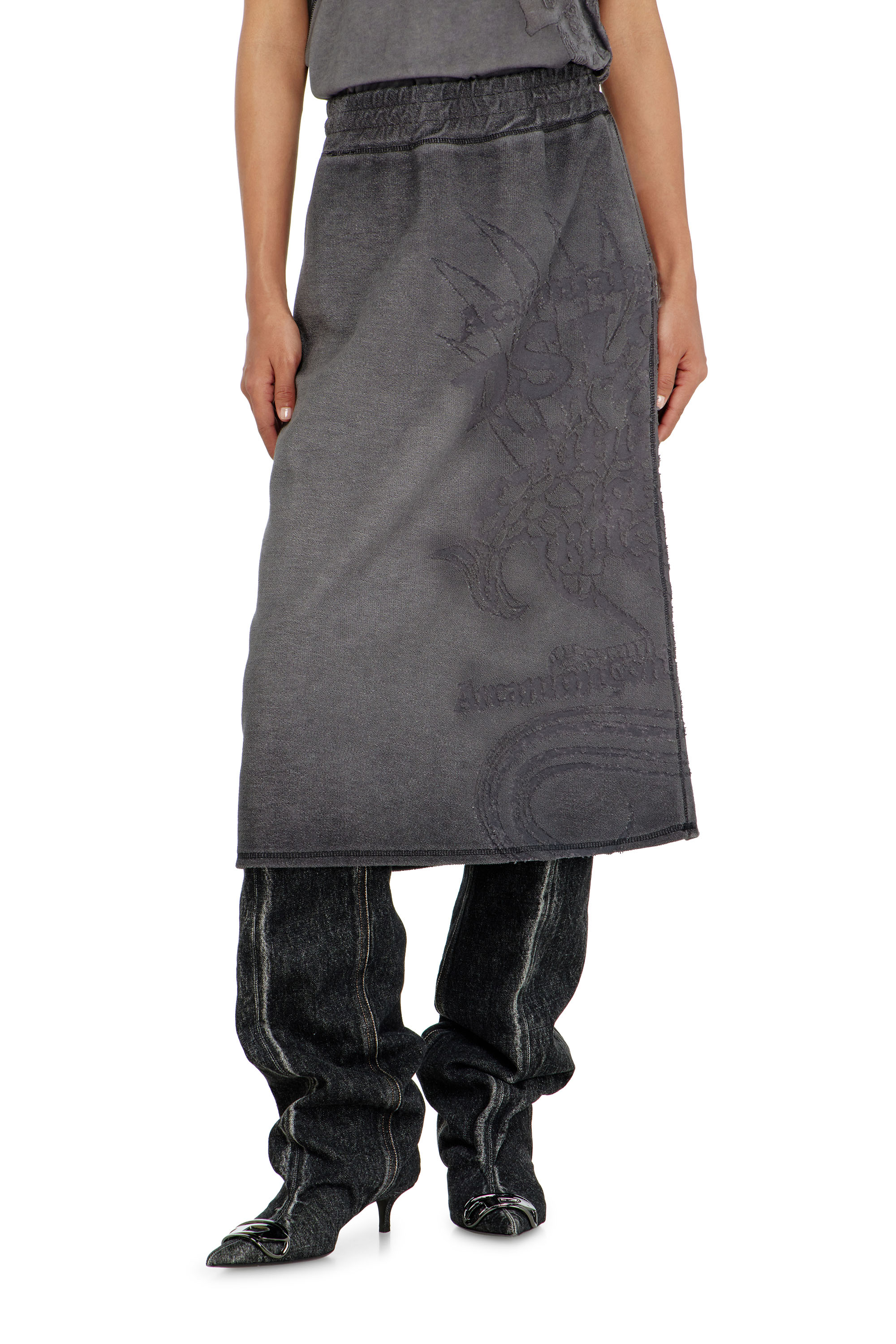 Diesel - O-BEAUTY, Woman's Fleece midi skirt with d&eacute;vor&eacute; print in Dark grey - 2