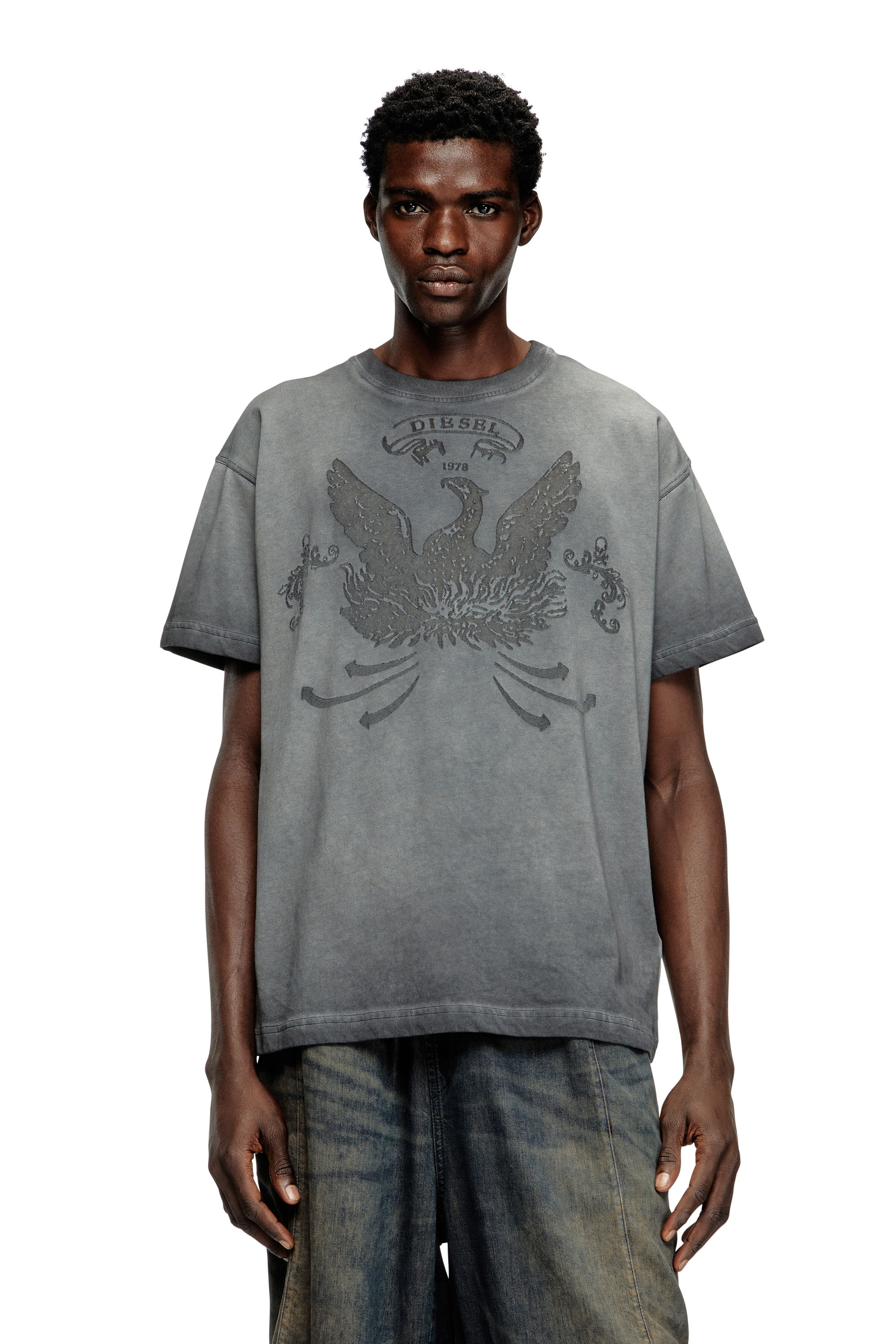 Diesel - T-NORM-T9, Man's T-shirt with phoenix devoré in Grey - 3