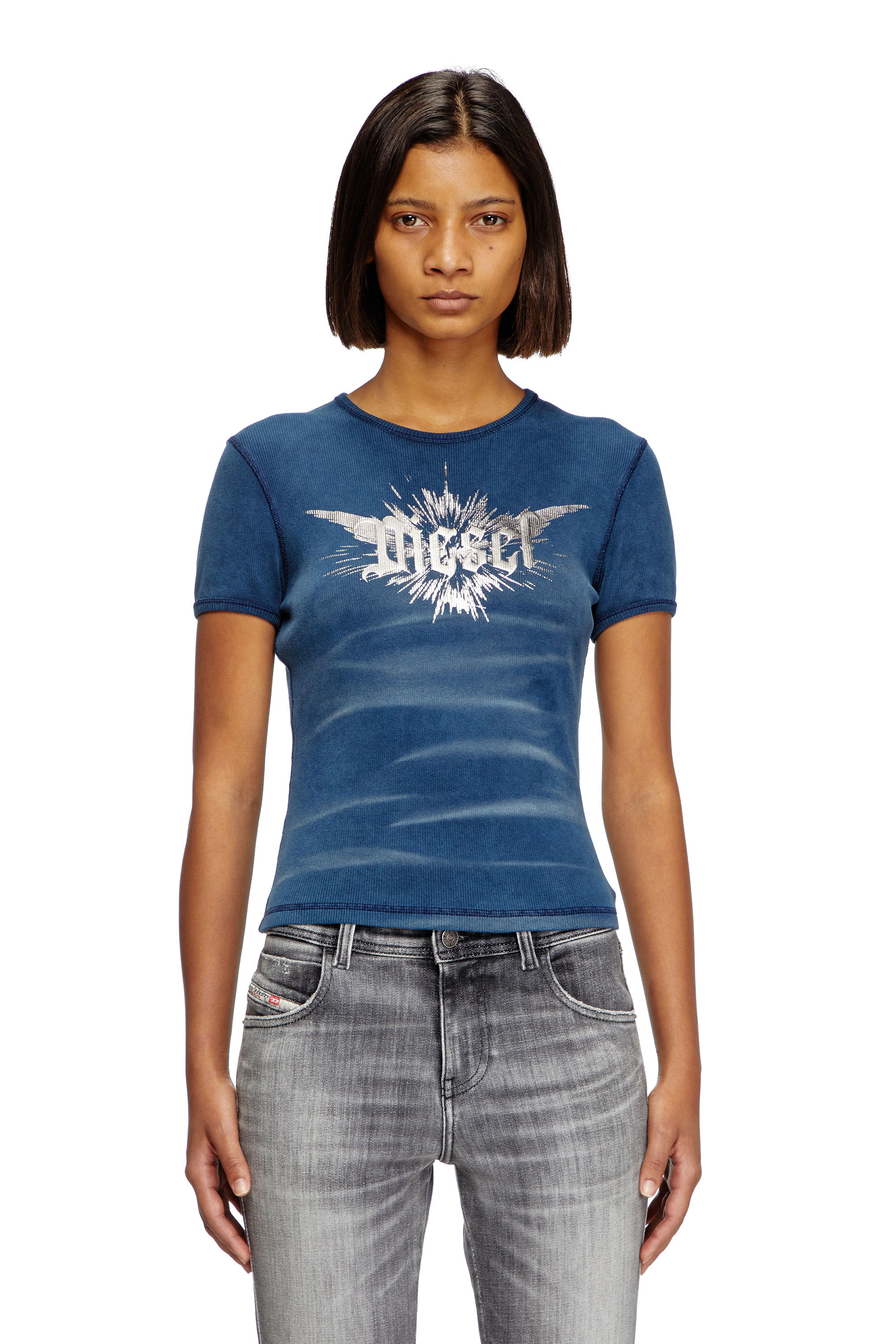 Diesel - T-ELE-LONG-P2, Woman's T-shirt with winged Diesel foil print in Blue - 1