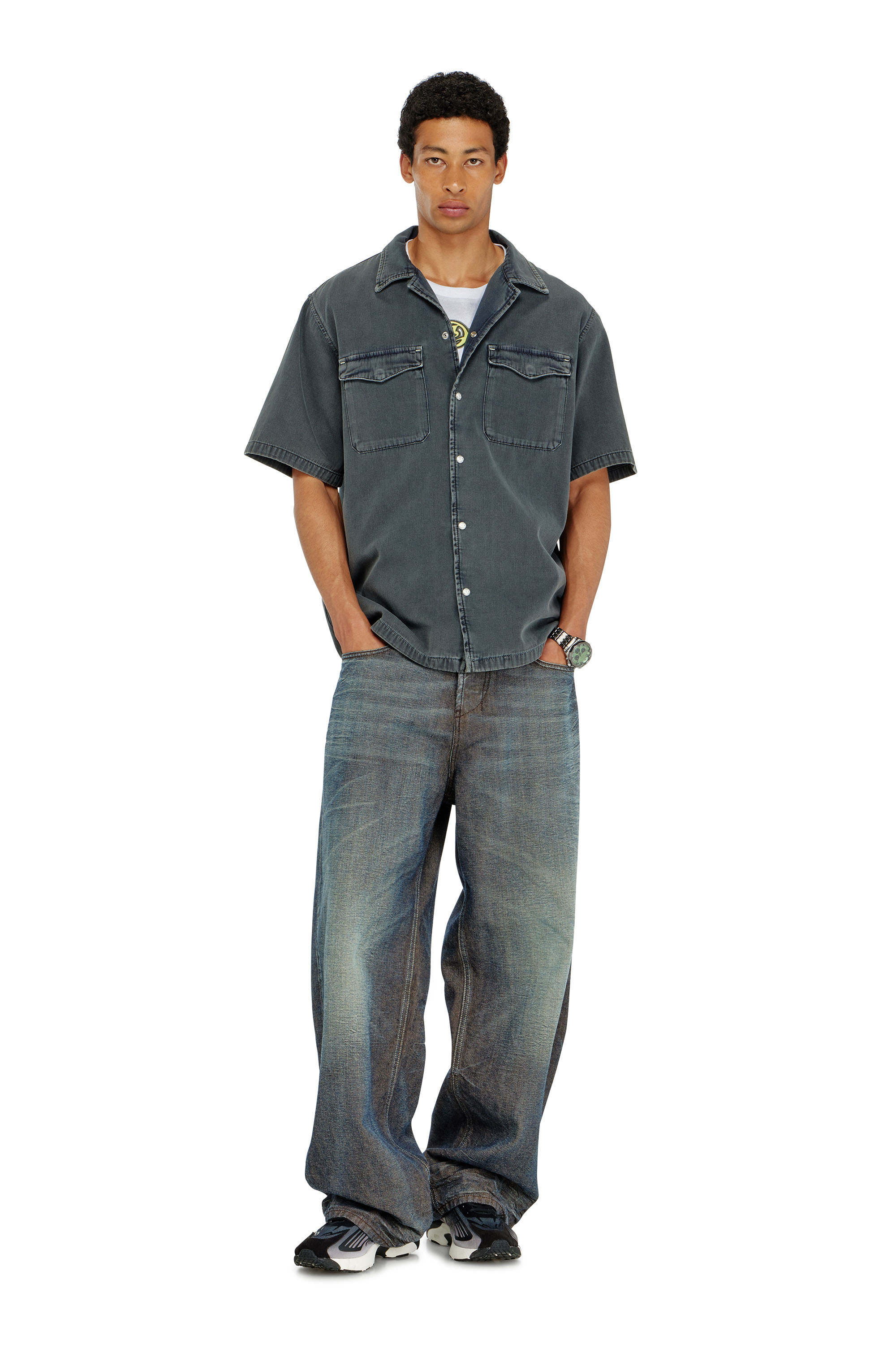 Diesel - D-NABIL-P, Man's Bowling shirt in coloured denim in Dark grey - 2