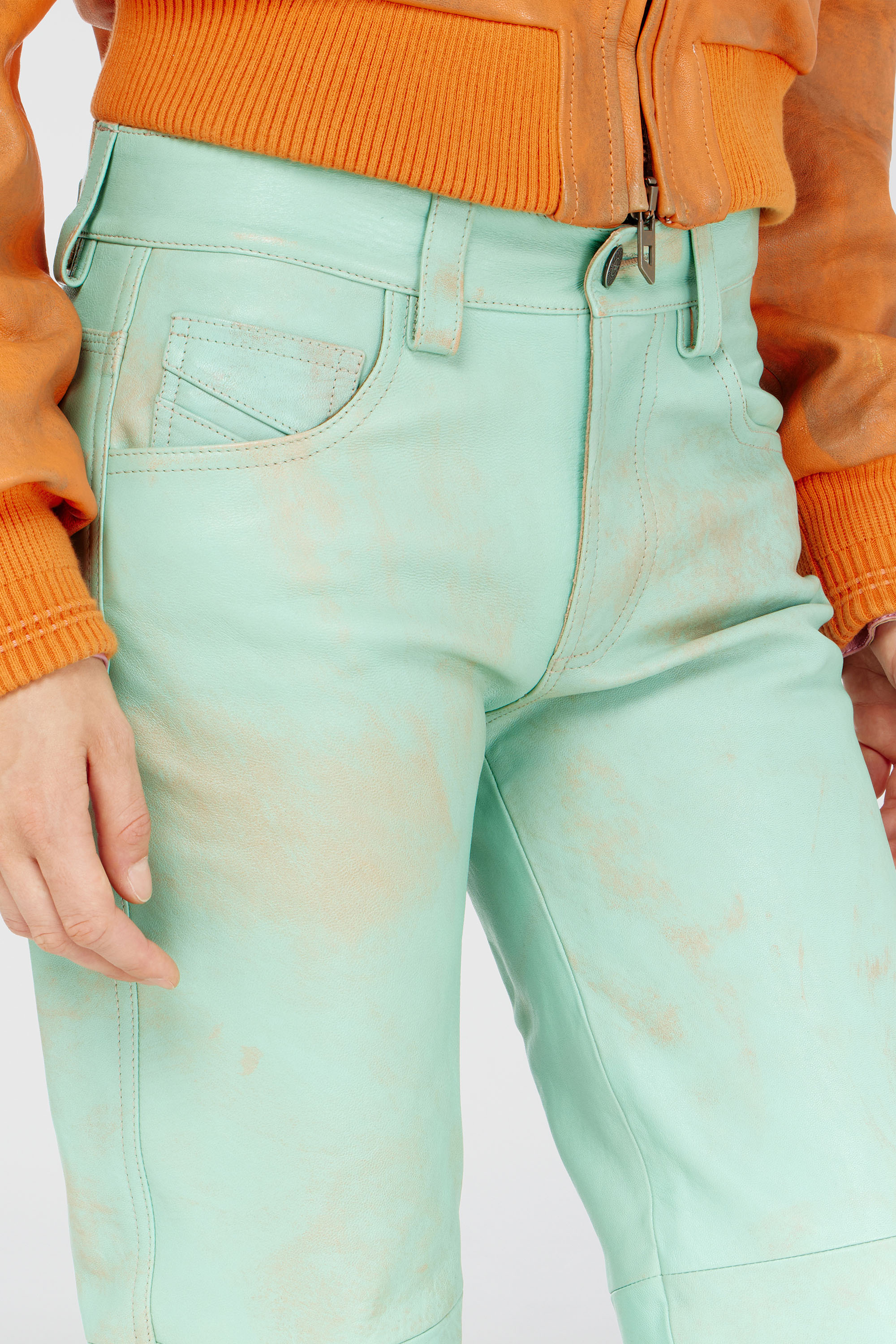 Diesel - L-POCKA, Woman's Pants in treated leather in Water Green - 5