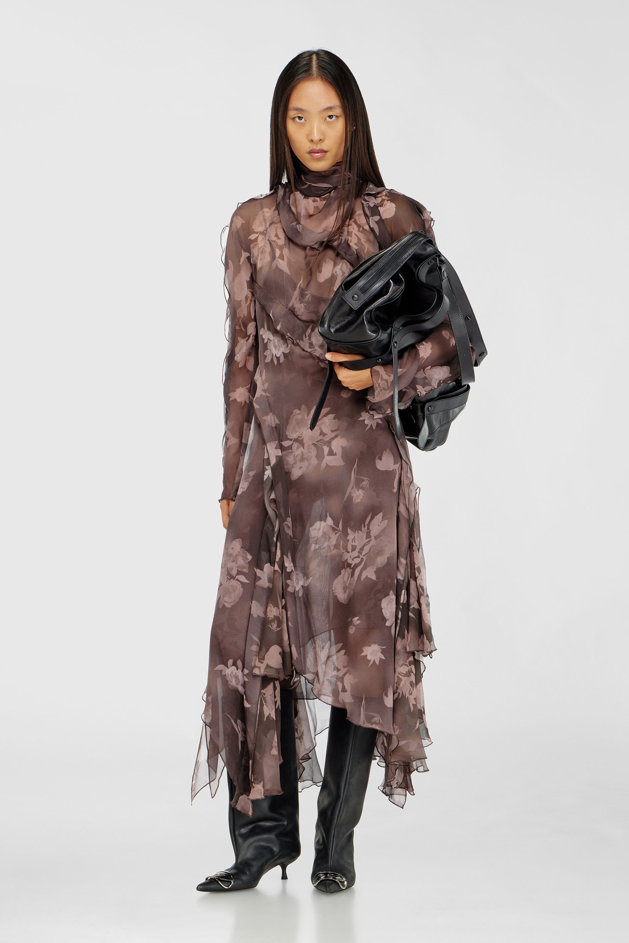 Diesel - D-RIADI, Woman's Asymmetric midi dress in chiffon and silk-crepe in Brown - 2