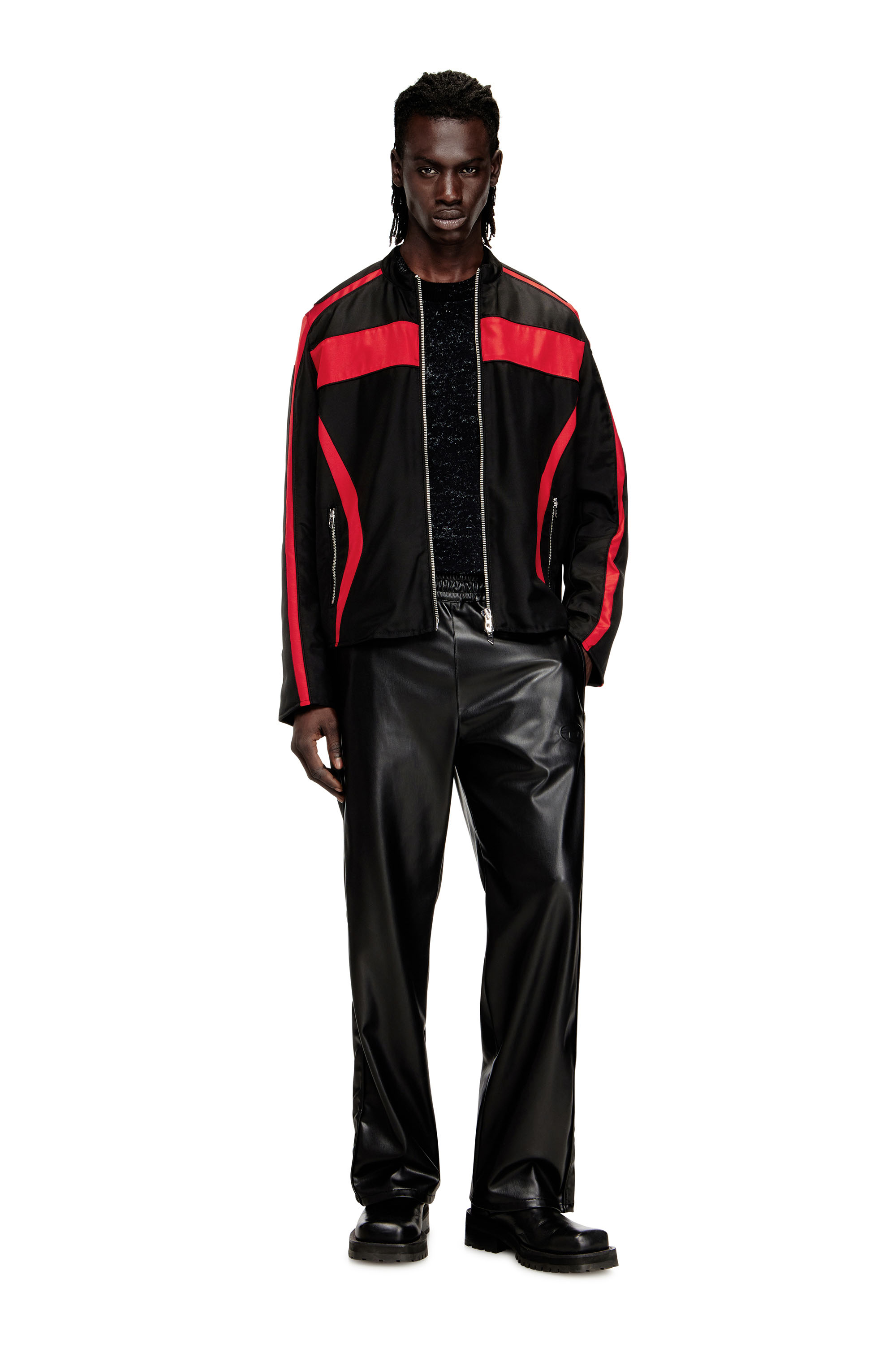 Diesel - J-ADAM-PDAI, Man's Biker-style jacket in colour-block canvas in Black/Red - 1