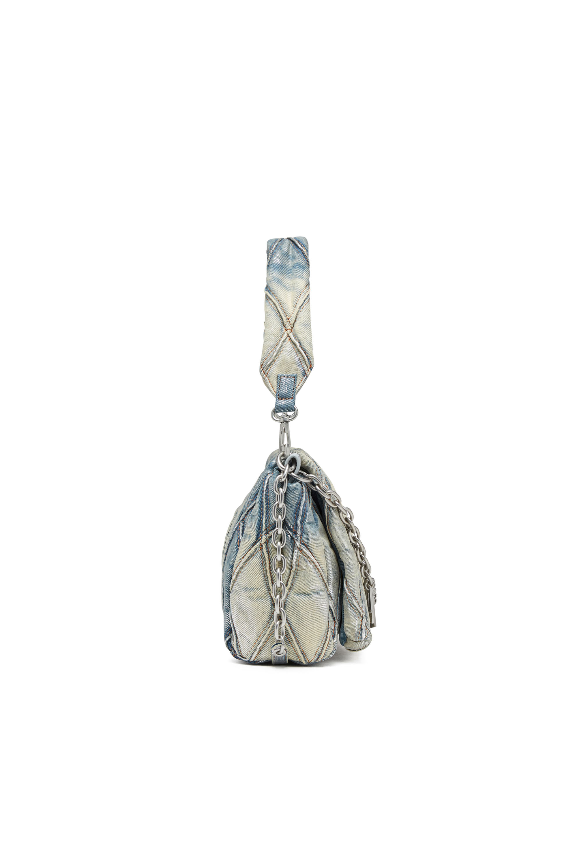 Diesel - CHARM-D SHOULDER M, Woman's Charm-D M-Shoulder bag in metallic quilted denim in Light Blue - 3