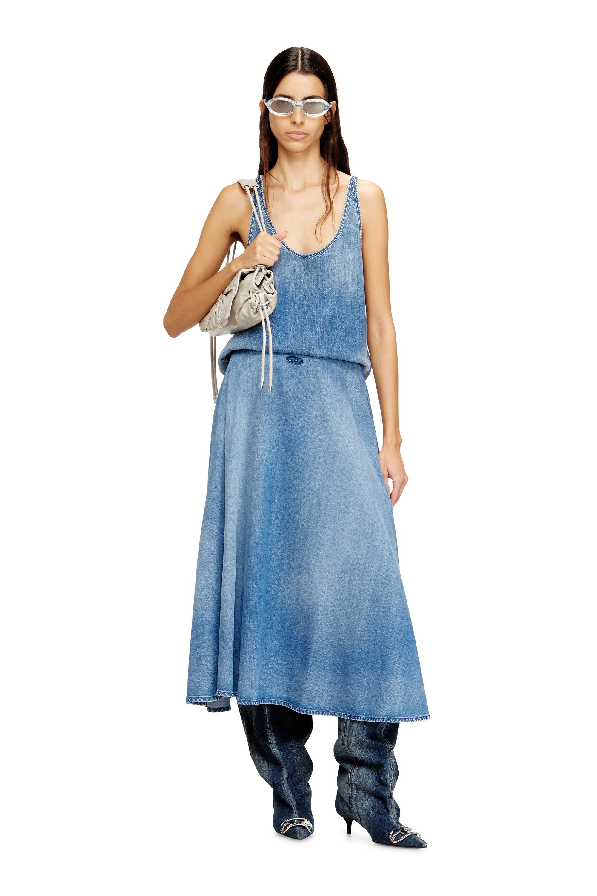 Diesel - DE-ANNIE-S3, Woman's Full skirt in fluid denim in Light Blue - 2