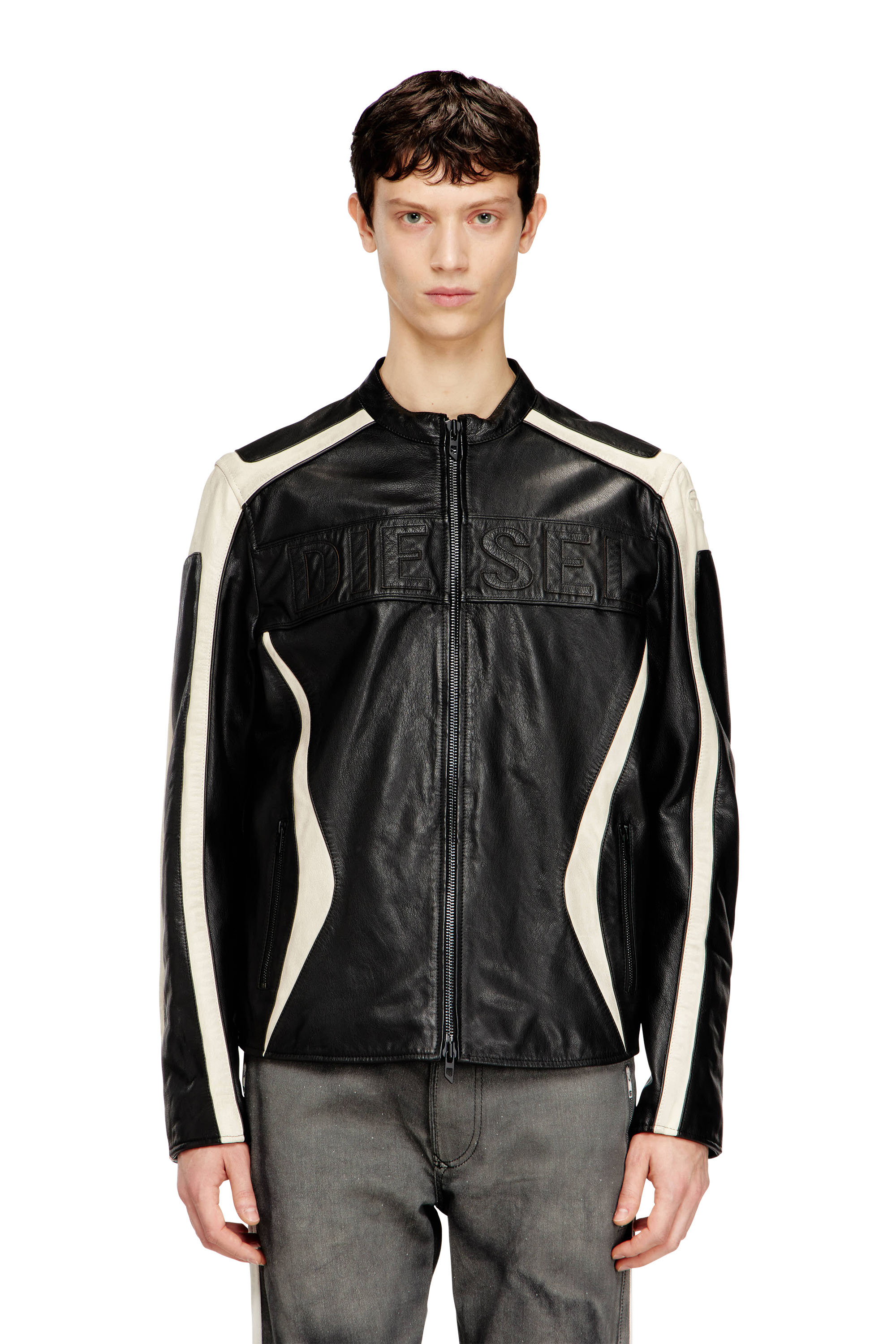 Diesel - L-ADAM, Man's Colour-block leather biker jacket in Black/White - 1