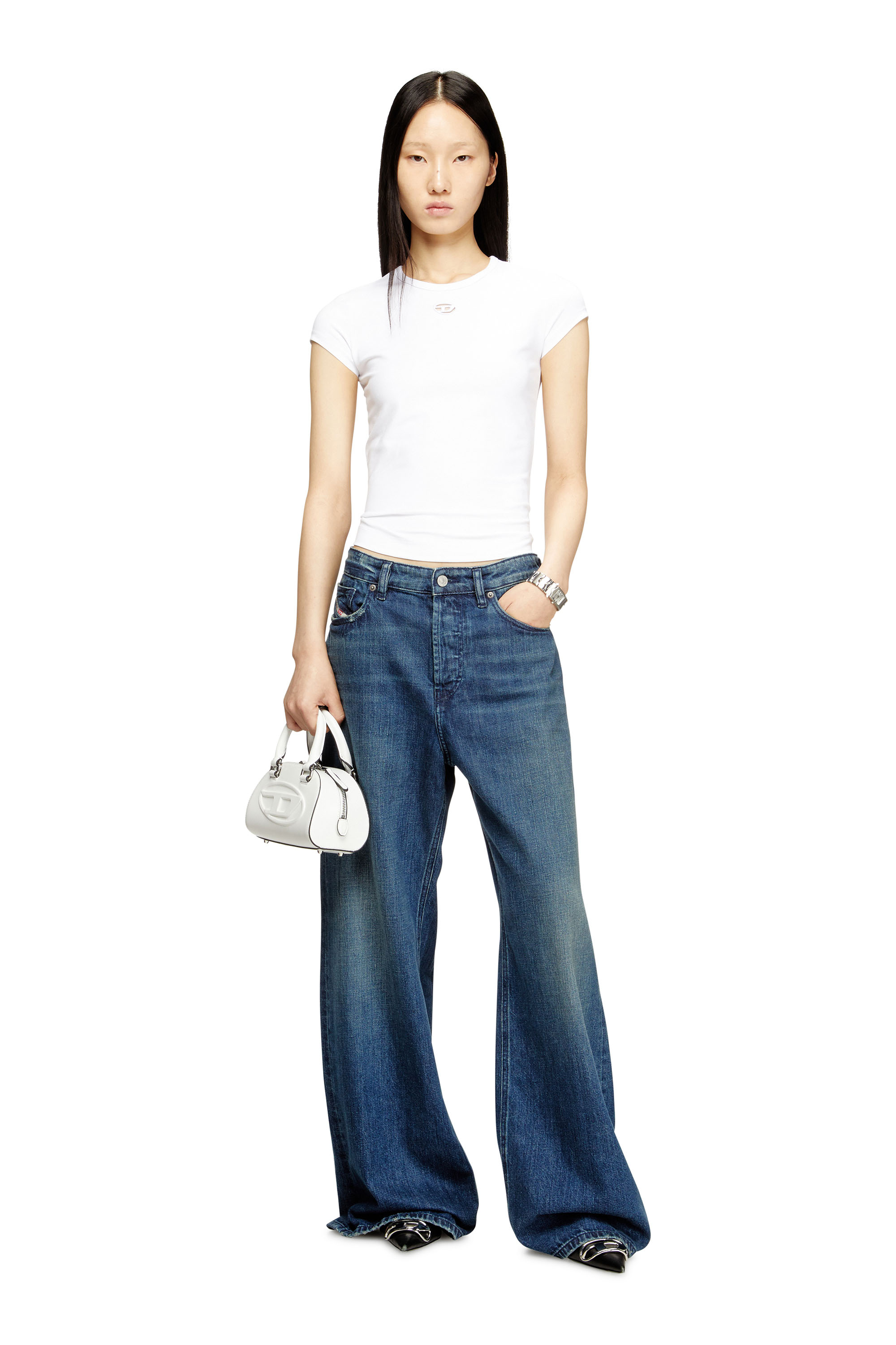 Diesel - T-ANGIE-OD, Woman's T-shirt with cut-out embroidered logo in White - 2