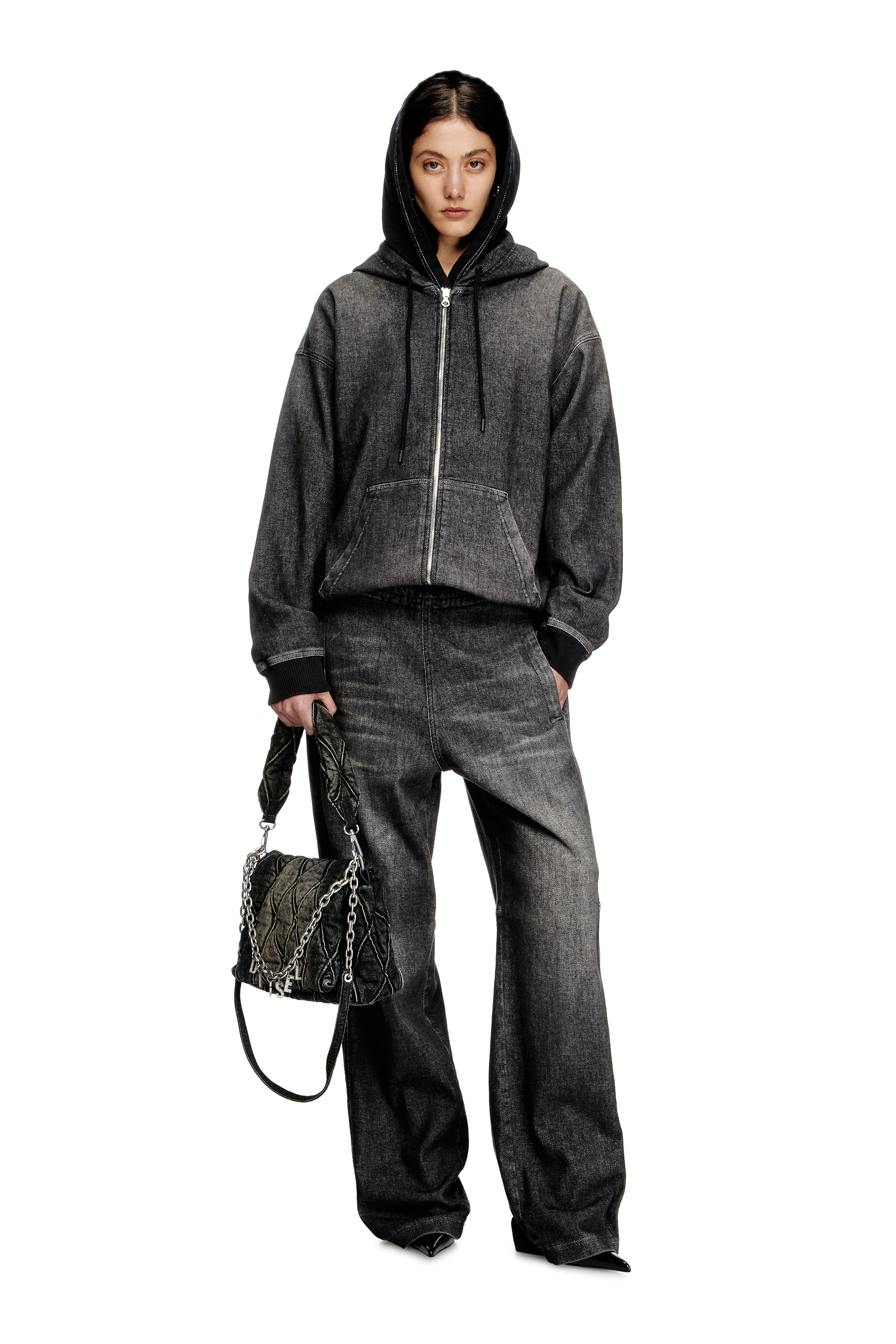 Diesel - D-GIRI-S TRACK, Unisex's Zipped hoodie in dirt-effect Track Denim in Black - 7