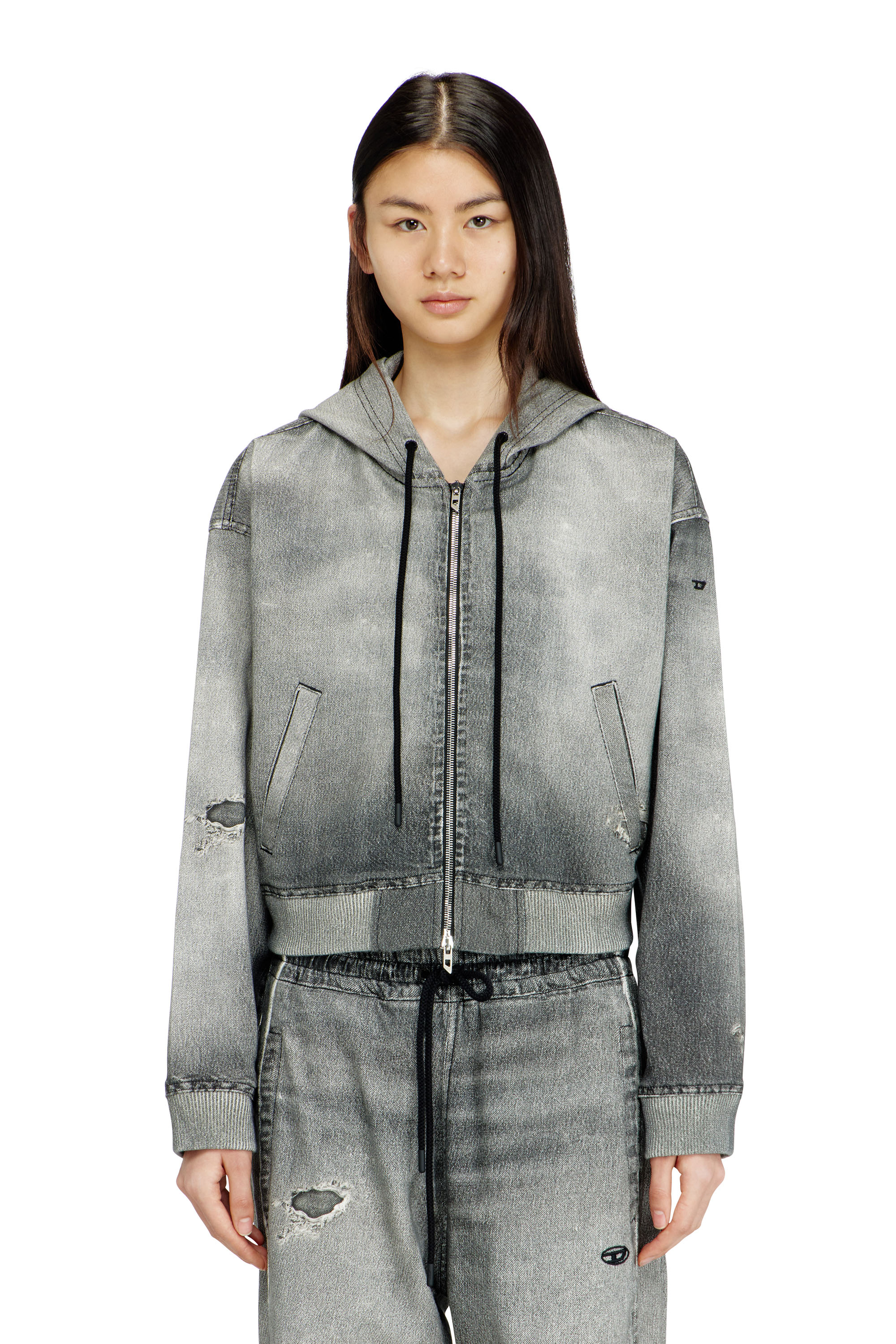 Diesel - DE-GIRI-CROP JOGG, Woman's Zip-up hoodie in trompe l'oeil JoggJeans in Grey - 3