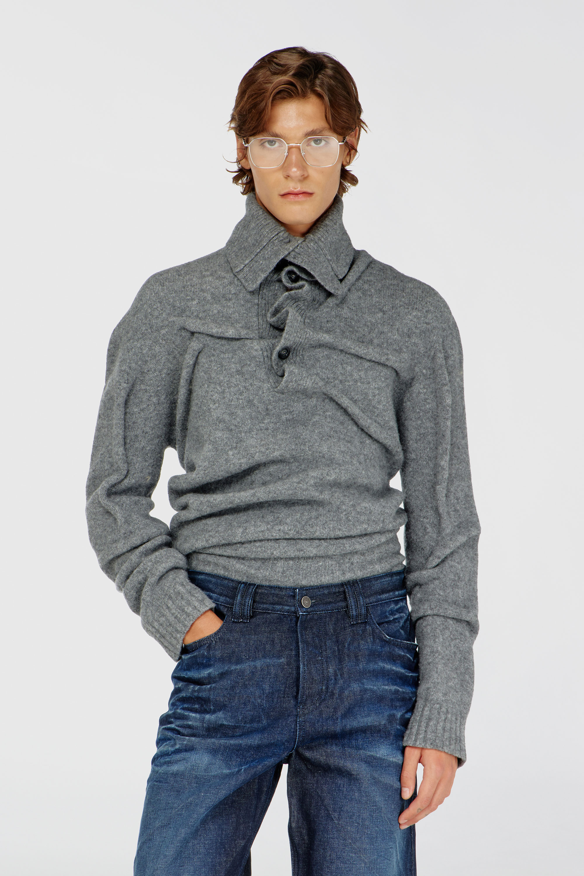 Diesel - K-ANDREW, Man's Button-neck jumper in wrinkled boiled knit in Grey - 3