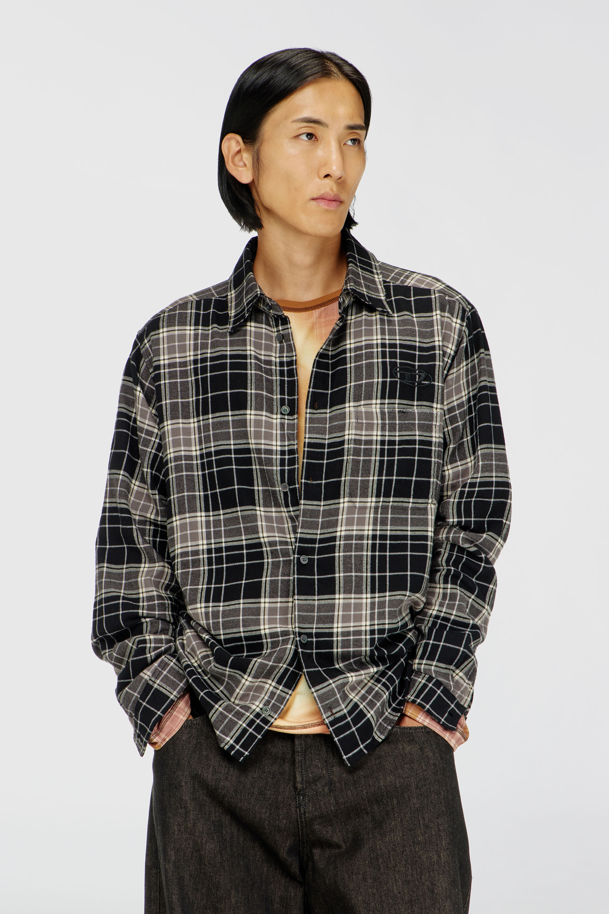 Diesel - S-SIMPLY-HNBI, Man's Distressed shirt in check flannel in Beige/Black - 1