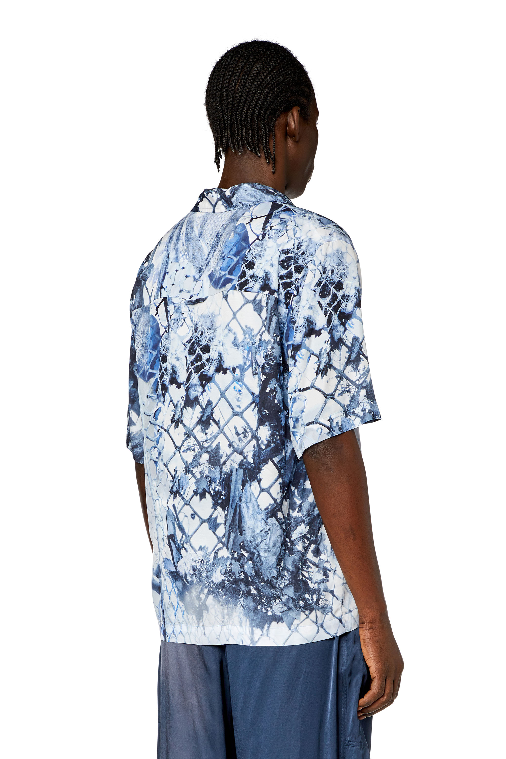 Diesel - S-BRISTOL, Man's Bowling shirt with abstract print in Blue/White - 4