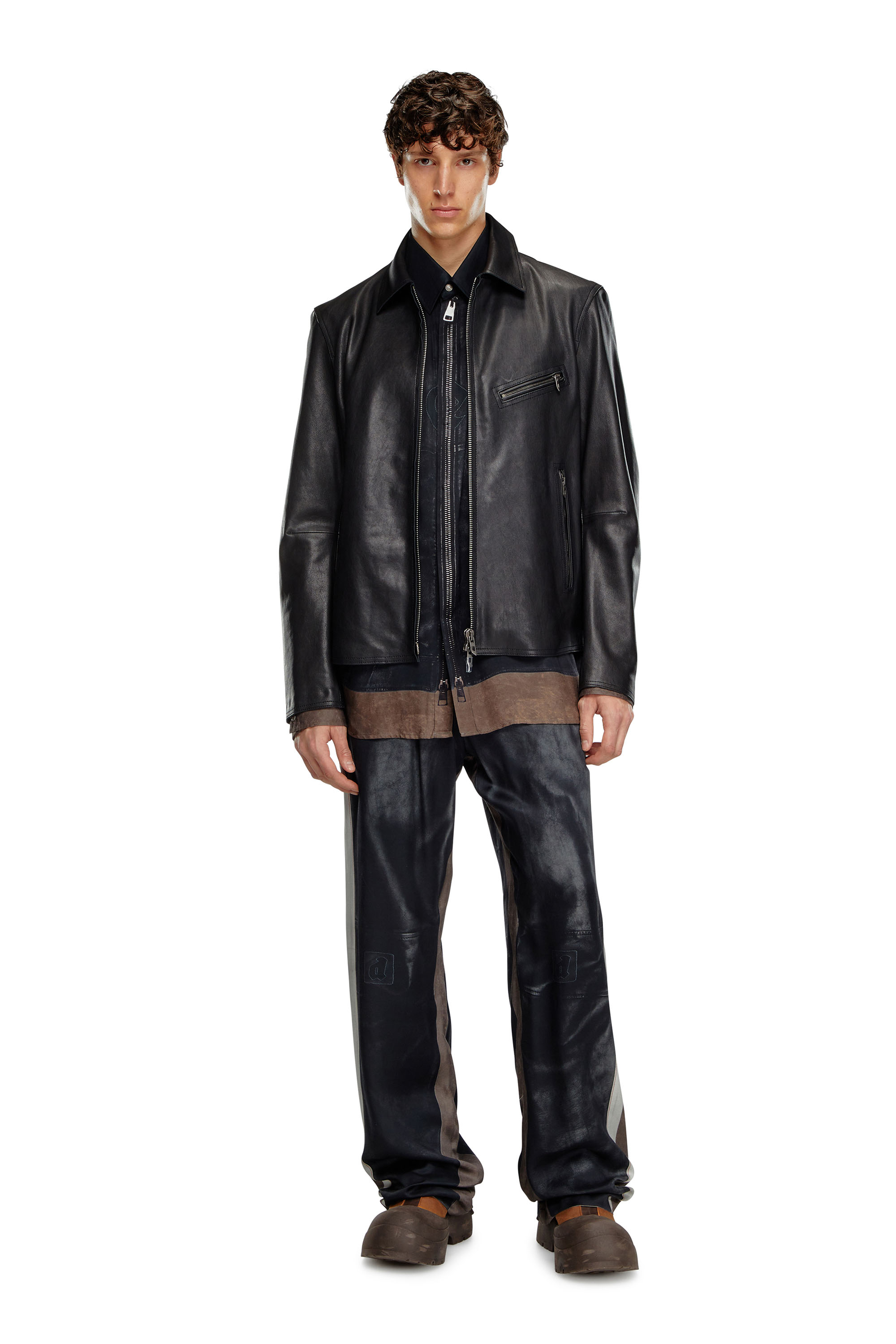 Diesel - L-KORN-A, Man's Leather jacket with embossed Oval D in Black - 1