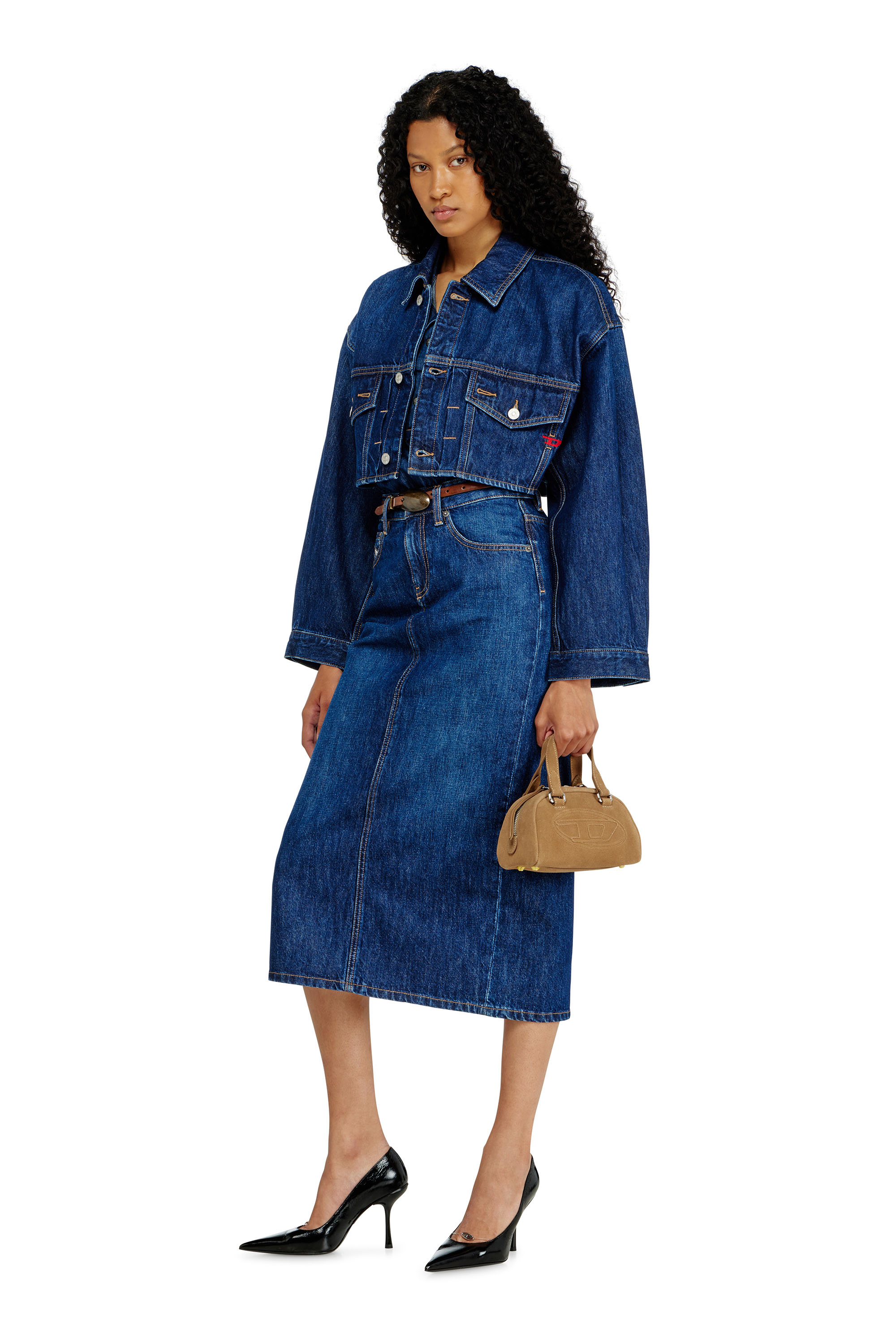Diesel - DE-MALLEY, Woman's Cropped oversized denim trucker jacket in Medium blue - 1